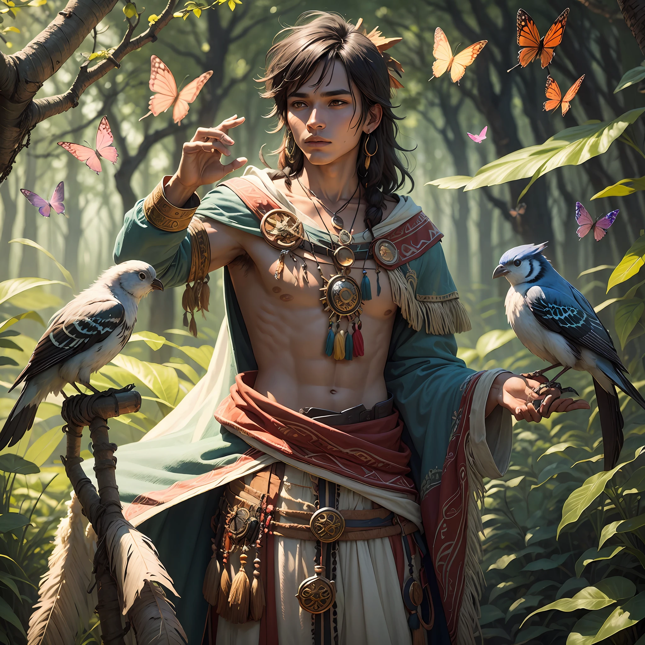 A young indigenous man as a druid magician, wild clothes, bird perched on his shoulder, butterflies flying --auto --s2