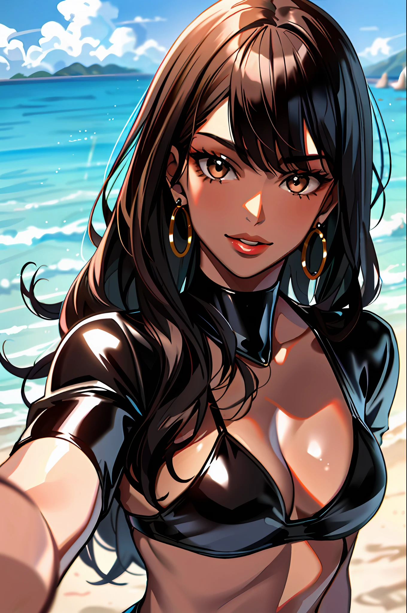 (Masterpiece: 1.2, Best Quality), Lady 1, Solo, Upper Body, Colossal, (Latex Skin, Selfie: 1.15), (Face Focus: 1.2), View from Top, Mini Bikini, (Brown Skin: 1.15), Beach, (Black Hair, Long Hair), Round Earrings,