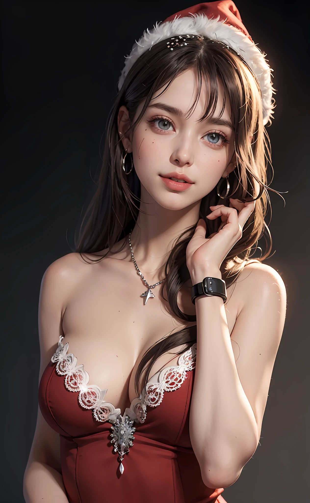 Red knitwear, turtleneck, red costume of Santa Claus, (open all buttons: 1.1), Santa Claus hat, smile, smile, big, big breasts, deep cleavage, chest hugging, top quality, masterpiece, illustration, very delicate and beautiful, very detailed, CG, 8K wallpaper, amazing, fine details, highly detailed CG, Unity, 8K wallpaper, Huge file size, very detailed, high resolution, well-groomed detail woman, very detailed big eyes and face, amazing detailed eyes, face light, (Best Illustration: 1.1), Ultra High Resolution, (Photoreal: 1.1), (Photoreal: 1.2:1.1), Realistic Face Proportions, Slender, Smile, (Makeup: 0.4), (Fluffy Pale Colored Eyes: 1.21), Light Colored Eyes, Round eyes, gaze to look at the beholder, dark brown hair, earrings, necklace, hairpin, (irregular irregular skin imperfections, veins, skin pores: 1.2), white background, (bokeh: 1.4), straight hair, very short hair, short bob hair, little bangs, gloss on skin, gloss on face, gloss on lips, gloss on chest, gloss on skin, smile, smiling, teeth, beautiful alignment, Long neck, big eyes, clear eyes, clear double eyelids, put out both ears, tremendously cute, overwhelming beauty, highlight in the eyes, chest closer, face forward, body facing the viewer, put your hand on the cheek, perfect and detailed and beautiful hand, perfect and detailed and beautiful fingers, precise number of arms, precise number of fingers, reach out to the camera