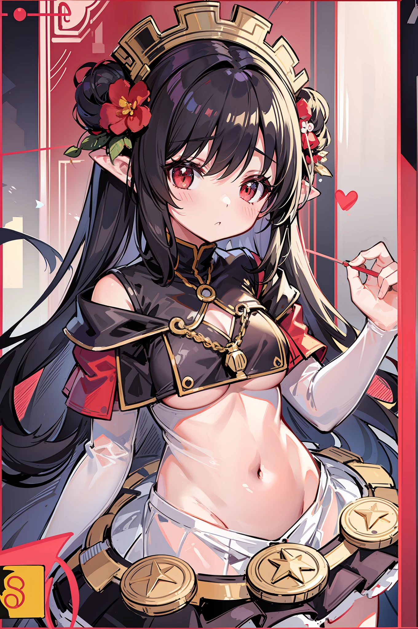 Red, black and white background, black hair