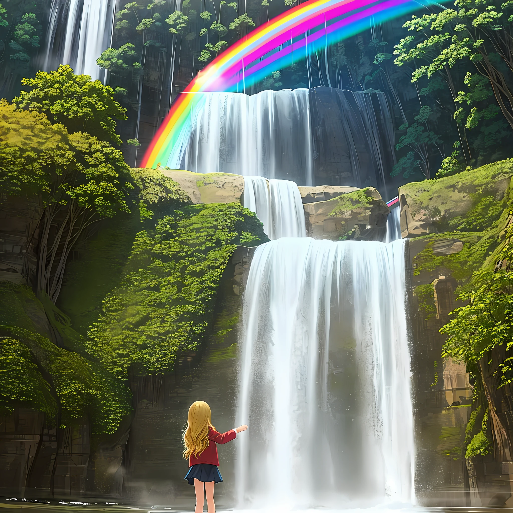 Child, girl, golden hair, waterfall on background with rainbow,