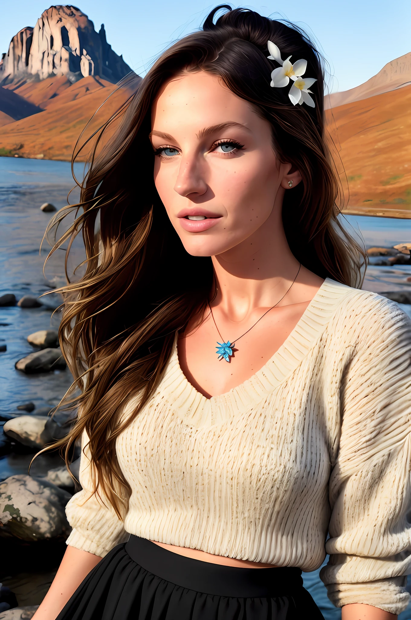 Gisele Bündchen (( s elfie of upper body, happy)), masterpiece, best quality, ultra-detailed, solo, outdoor, (afternoon), mountains, nature, (bows, moon) cheerful, happy, langerie, mini transparent skirt , necklace , detailed makeup , laced sandals, low-cut gloves , sweater, white neckline bra , flower this, stones, river, wood, smoke, shadows, contrast, clear sky, style , (warm hue, warm tone): 1.2), close-up, cinematic light, side lighting, ultra high resolution, best shadow, RAW, upper body, wearing pullover
