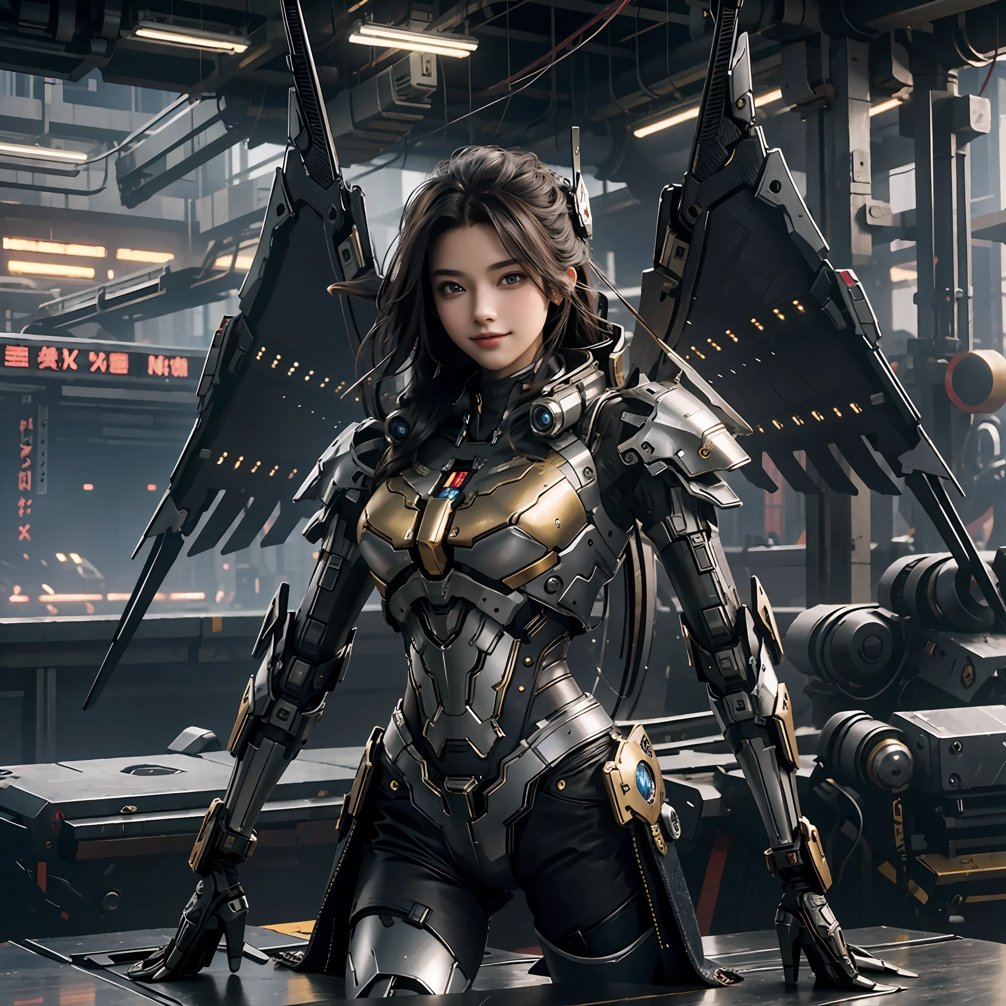 masterpiece,(bestquality),highlydetailed,ultra-detailed,1girl,(mechanicalwings:golden,glowingeyes:blue,goldenrarmor:1.2,elongatedears:0.8),(cyberpunkcity:1.5,weapon:energyblade),(fantasylandscape:1.2,natural lighting:1.5,confidentexpression),(panorama:1.2),mecha, smile,angle,Angels, wings,gold,raw