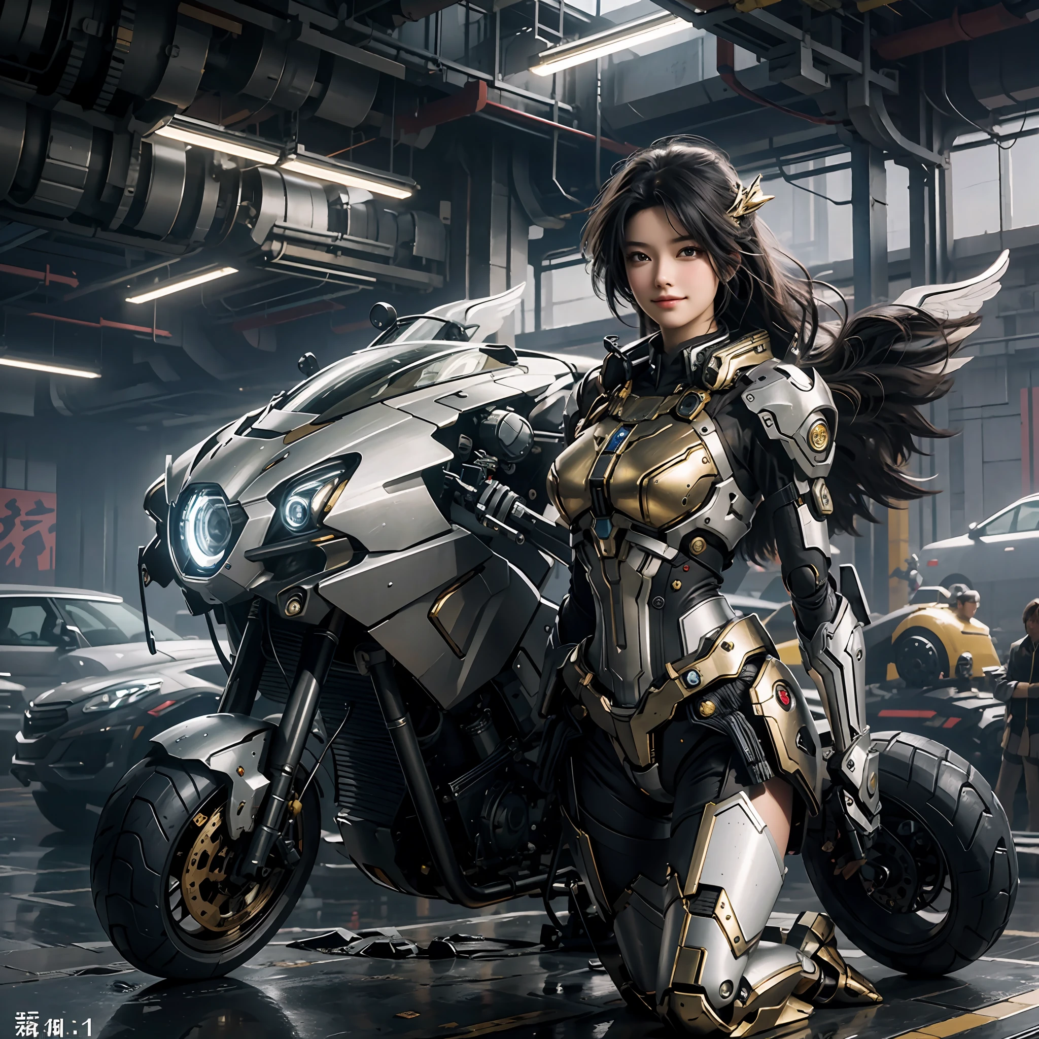 masterpiece,(bestquality),highlydetailed,ultra-detailed,1girl,(mechanicalwings:golden,glowingeyes:blue,goldenrarmor:1.2,elongatedears:0.8),(cyberpunkcity:1.5,weapon:energyblade),(fantasylandscape:1.2,natural lighting:1.5,confidentexpression),(panorama:1.2),mecha, smile,angle,Angels, wings,gold,raw