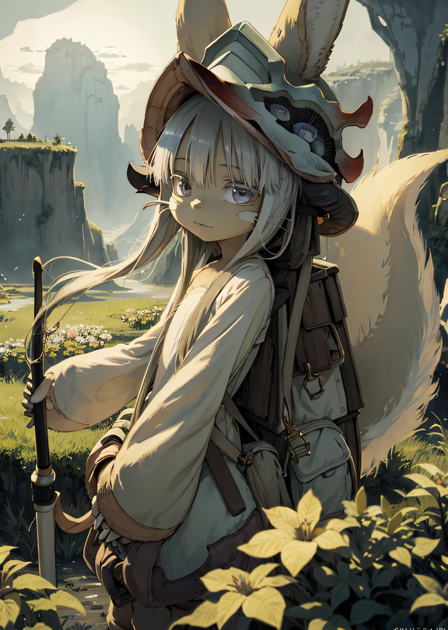 The vast sky, beautiful skyline, large grasslands, extremely tense and dramatic pictures, moving visual effects, the high-hanging Polaris, and colorful natural light. ((Nanachi (Made in Abyss))), ((Nanachi Hat)),Solo furry, fishing pole, large backpack