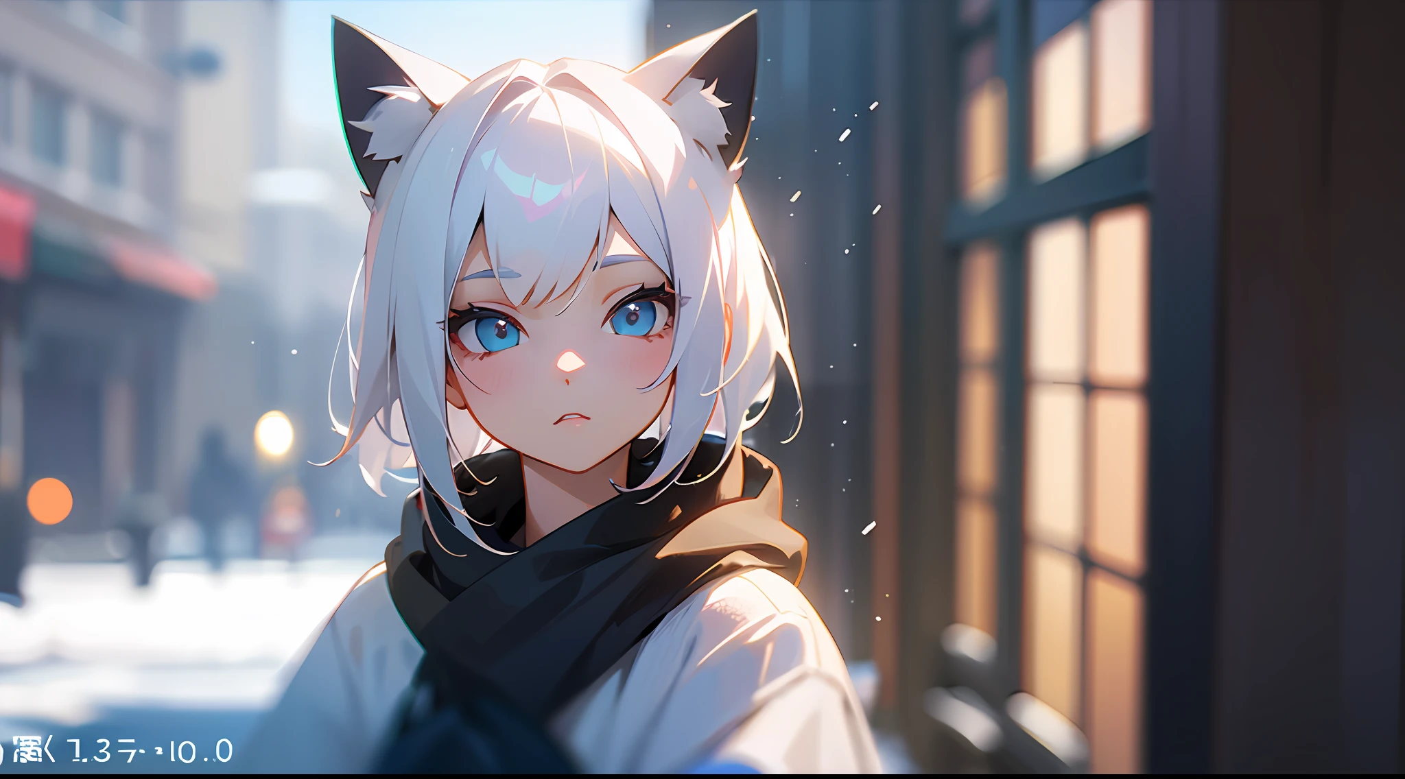 Based on Counterfeit-V3.0 model, girly, two-dimensional, cat decoration, cute, extremely high detail, anime style, depth of field effect, 3D effect, extremely high quality, white hair, drifting snow, focus --auto --s2
