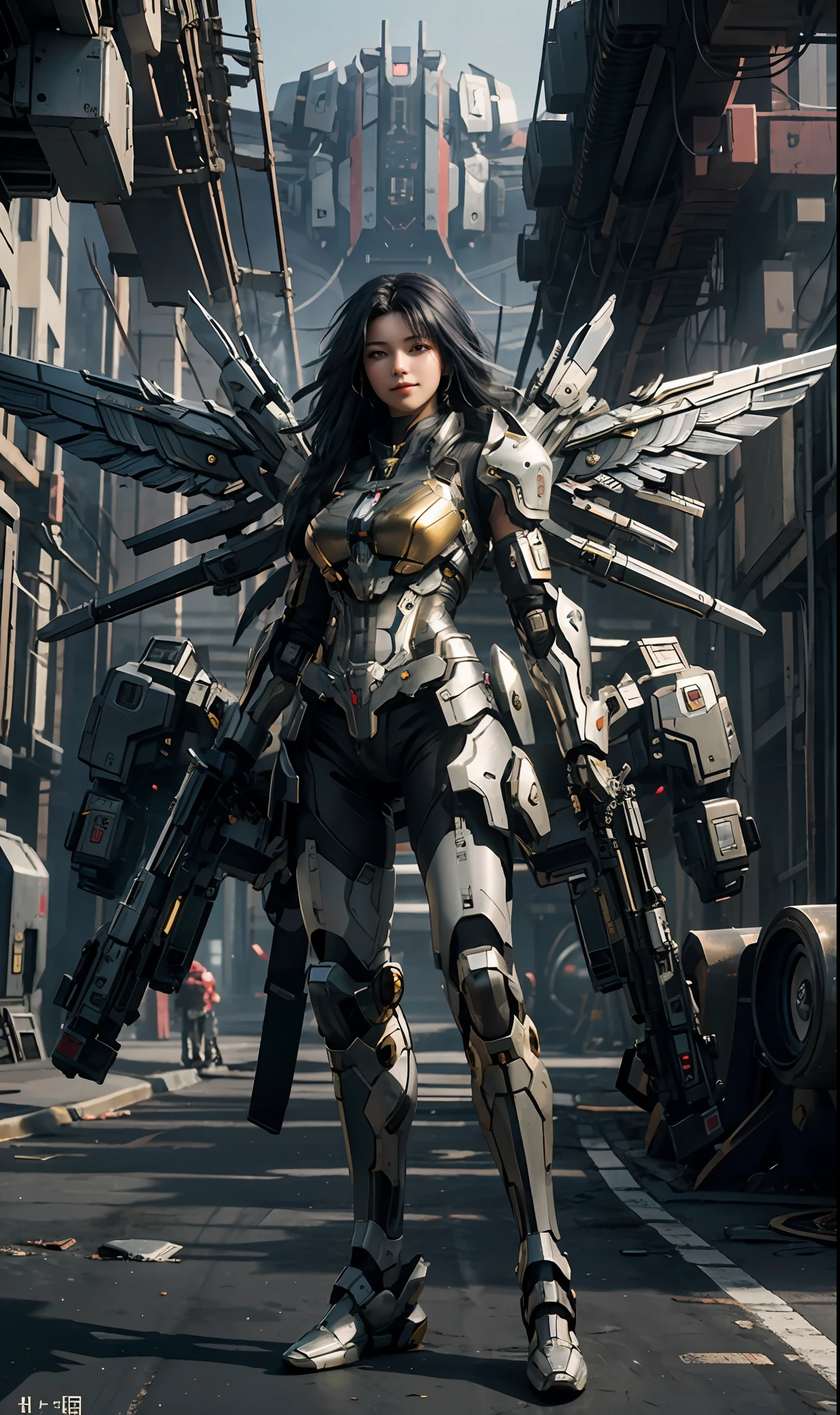 masterpiece,(bestquality),highlydetailed,ultra-detailed,1girl,(mechanicalwings:golden,glowingeyes:blue,goldenrarmor:1.2,elongatedears:0.8),(cyberpunkcity:1.5,weapon:energyblade),(fantasylandscape:1.2,natural lighting:1.5,confidentexpression),(panorama:1.2),mecha, smile,angle,Angels, wings,gold,raw