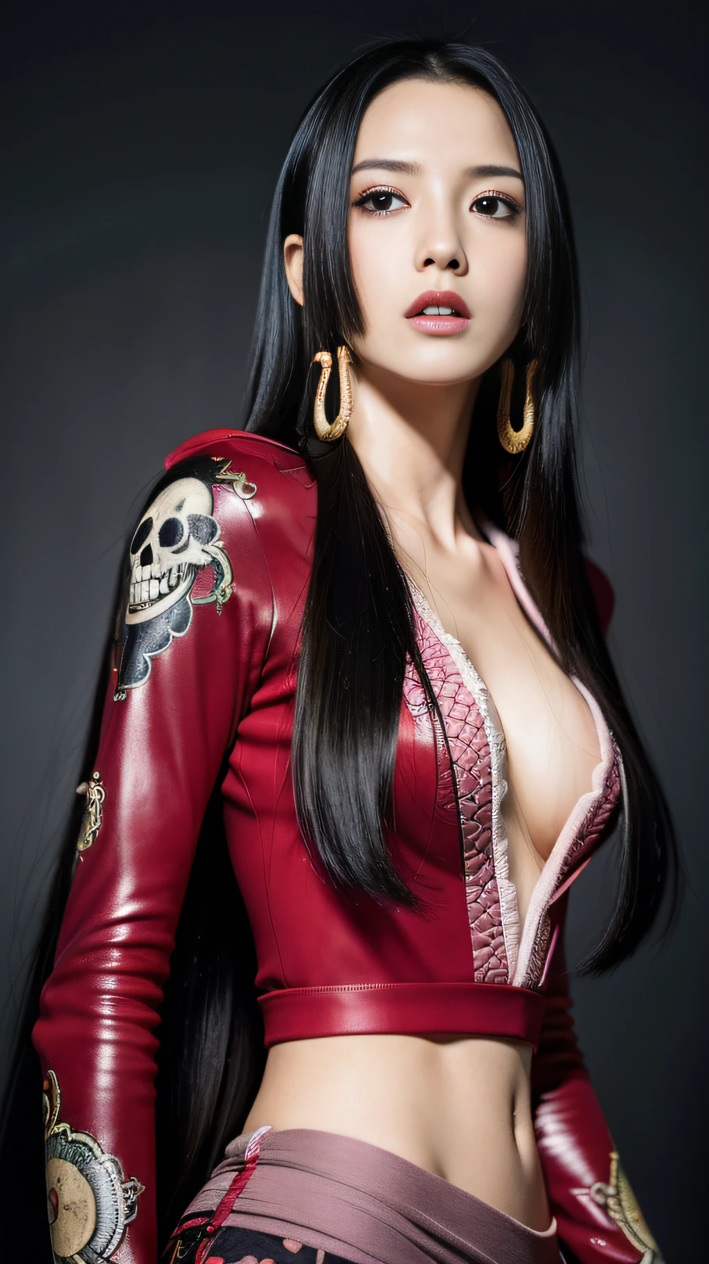 (((masterpiece+best quality+high resolution+ultra-detailed))), boa hancock, long silky black hair, high nose, sharp eyes, noble and inviolable temperament, (([female]: 1.2 + [beauty]: 1.2 + black long hair: 1.2)), skull_snake background, bright eyes, dynamic angle and posture, wallpaper.