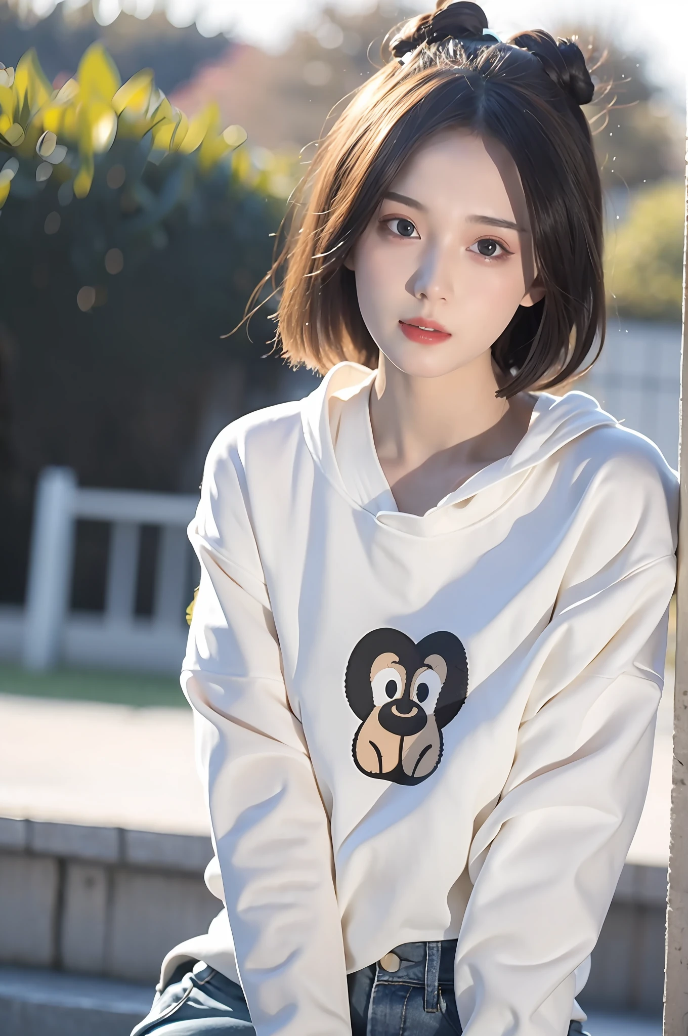 Incomparable masterpiece, perfect artwork, ((perfect female figure)), short hair, blonde, thin, realism, solo, (realism: 1.4), best quality, super high resolution, 1girl, porcelain, kpop ido, full body, (tight sweatshirt) black sweatshirt, (cartoon avatar on clothes) (d cups), (denim shorts)) beautiful, masterpiece, best quality, very detailed face, perfect lighting, solo, plain makeup, best quality, super high resolution, 👍 (realistic:1.4), ultra-detailed, masterpiece, best quality, ulzzang -6500-v1.1