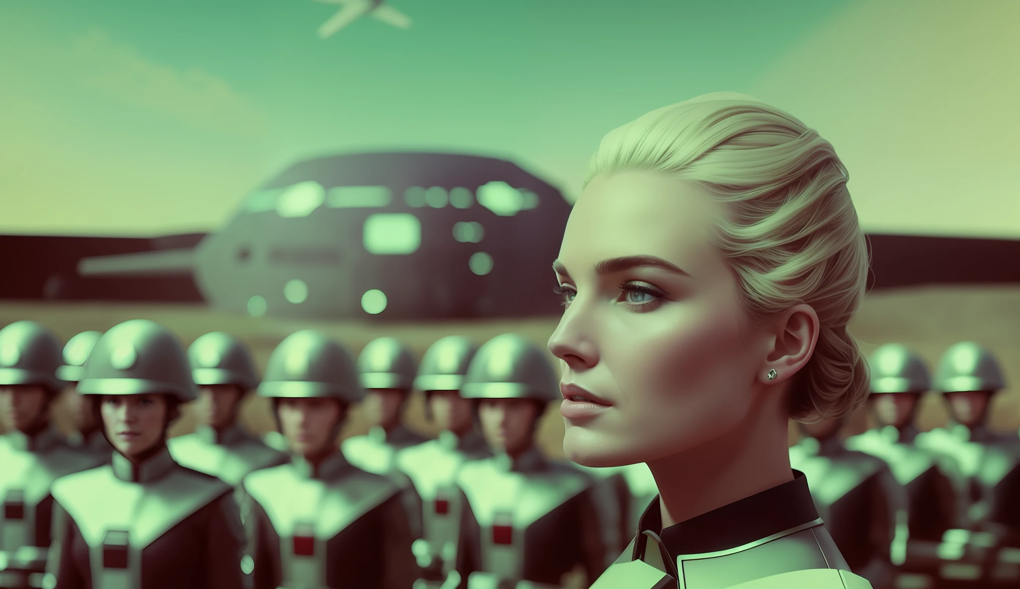 a woman (Elizabeth Henstridge) standing in front of a group of soldiers, poster art by Galen Dara, cgsociety, retrofuturism, dystopian art, sci-fi, reimagined by industrial light and magic