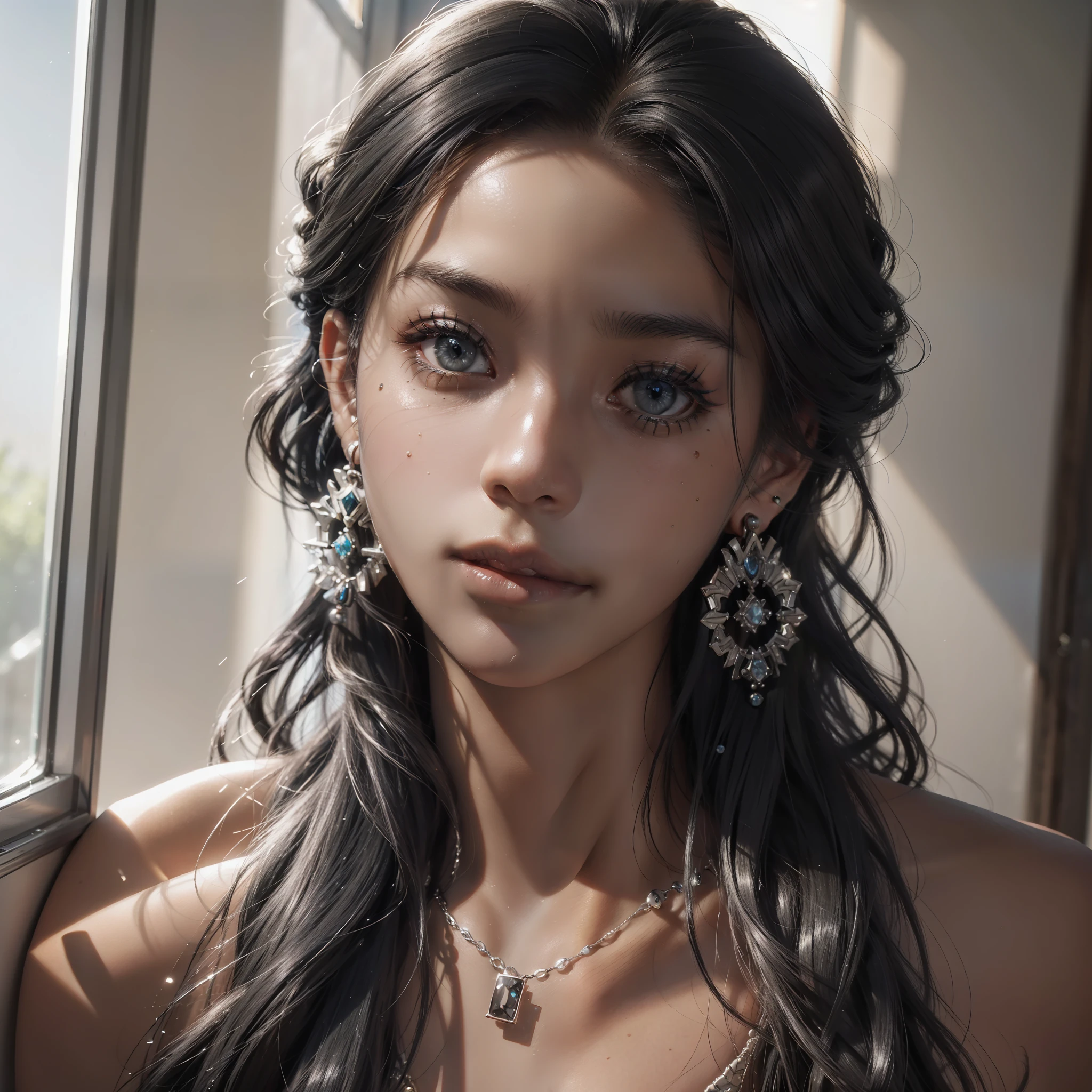 (((Face seen up close))), Photorealism, masterpiece, best quality, light play, window, detailed and realistic skin, HDR, woman of (((black skin)))), detailed face, striking lips, dread hair, stuck hair, jewelry, silver, earrings, detailed hair, detailed eyes, black eyes, window background, sunlight,