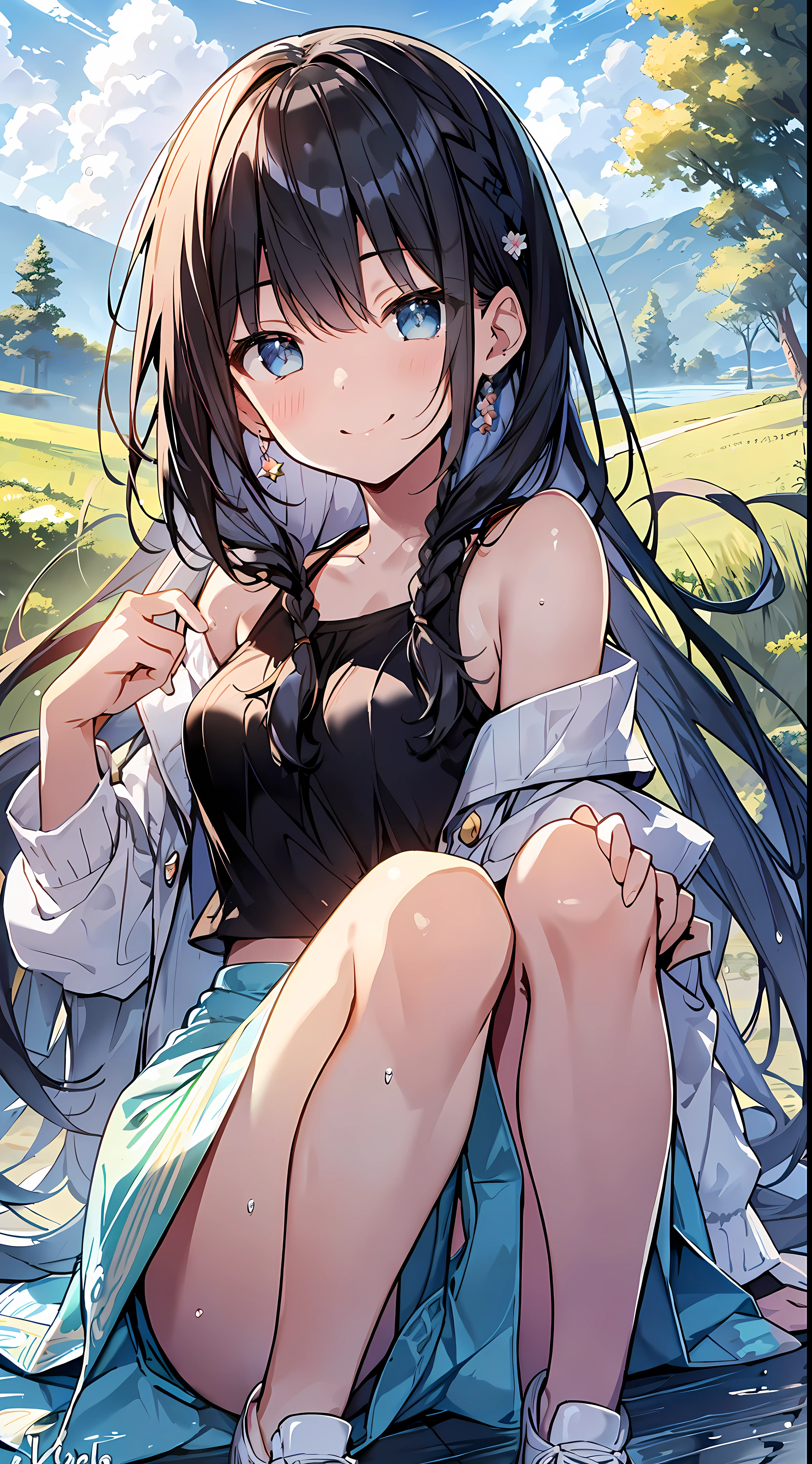 Top Quality, Masterpiece, Ultra High Definition, 8k, Summer Sky, Early Summer, (Light Blue Maxi Skirt, Light Knit, Sneakers), Shojo Manga Style Loli, One, Soft Line Art, Digital Enhancement, Shoujo Manga Touch, Shojo Manga Core, Flowing Fabric, Close Up, (Shoulder Length and Short Braid)), Wet Hair, Staring at Us Head-on, Soft Drawing, Beautiful Black Hair, clear eyes, ((teasing smile)), ultra-detailed digital anime art, clear face depiction, ultra-detailed shoujo manga character art, ultra-detailed manga style, top quality colors, hand gestures, landscape with nature, looking up at the sky, angle that can be seen up to the feet