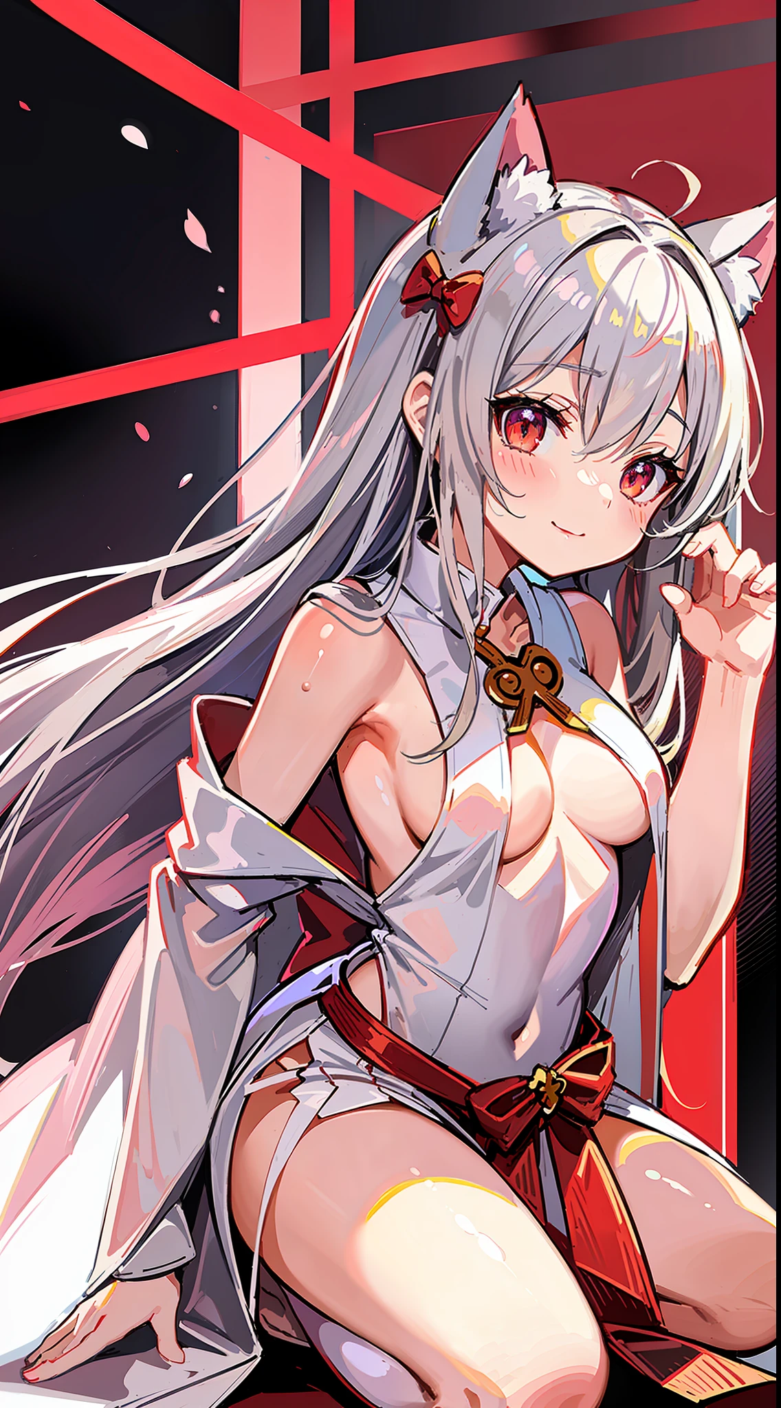 (Masterpiece), (Top Quality Anime Illustration), (Super Definition), (Super Detail), One Girl, Solo, Silver-haired Beautiful Girl, Anime Loli, Cat Ear Loli, Petite, Red and White Priestess Costume, See-Through Red and White Hakama, Lori Priestess, Smile, Small Breasts, Cleavage, Underboob, Thighs, Sakura, Shrine,