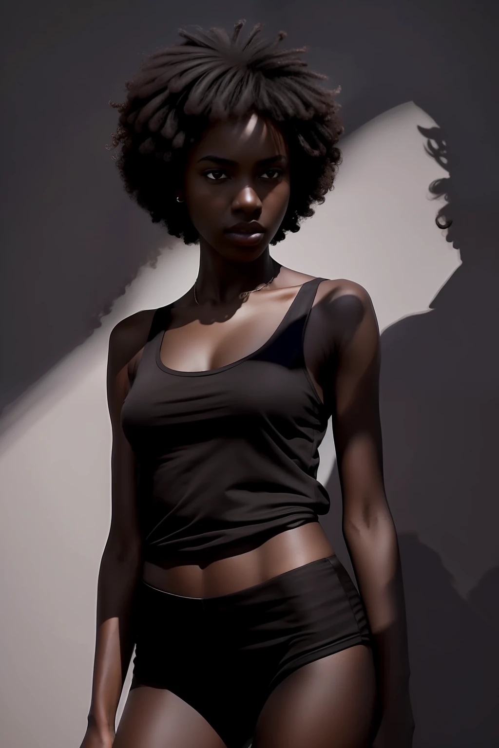 masterpiece, best quality, highly detailed, photorealistic, promotional photoshoot of young tall slender woman, dark skin, upper body, 8k, darkness, backlight, high contrast, simple background, hands down, ((short:1.5)) curly hair, black tank top, ((shadows:1.5)), sharp focus, flawless, centered, looking at the camera, aesthetic
