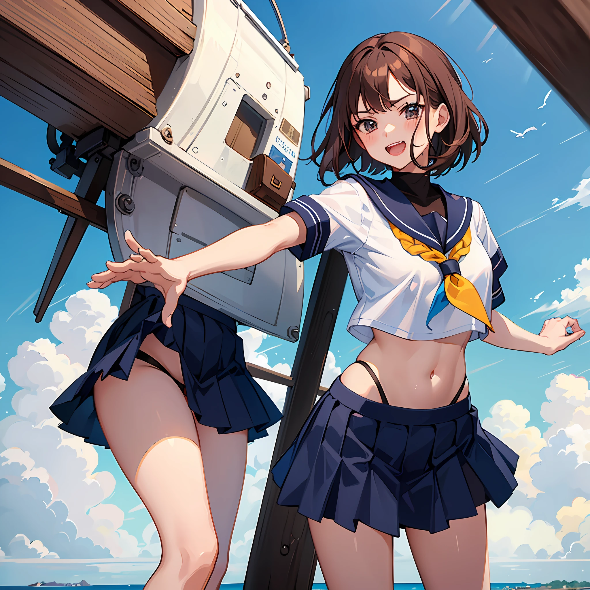 ung_teen_ girl,brown_hair、medium_bob_hair,blue_midriff_baring_sailor_uniform,mini_skirt,short_sleeve,thigh,huge_,angry,smile,open_mouth,standing,harbor_background, slightly_spread_legs, happiness, NSFW, short_gloves