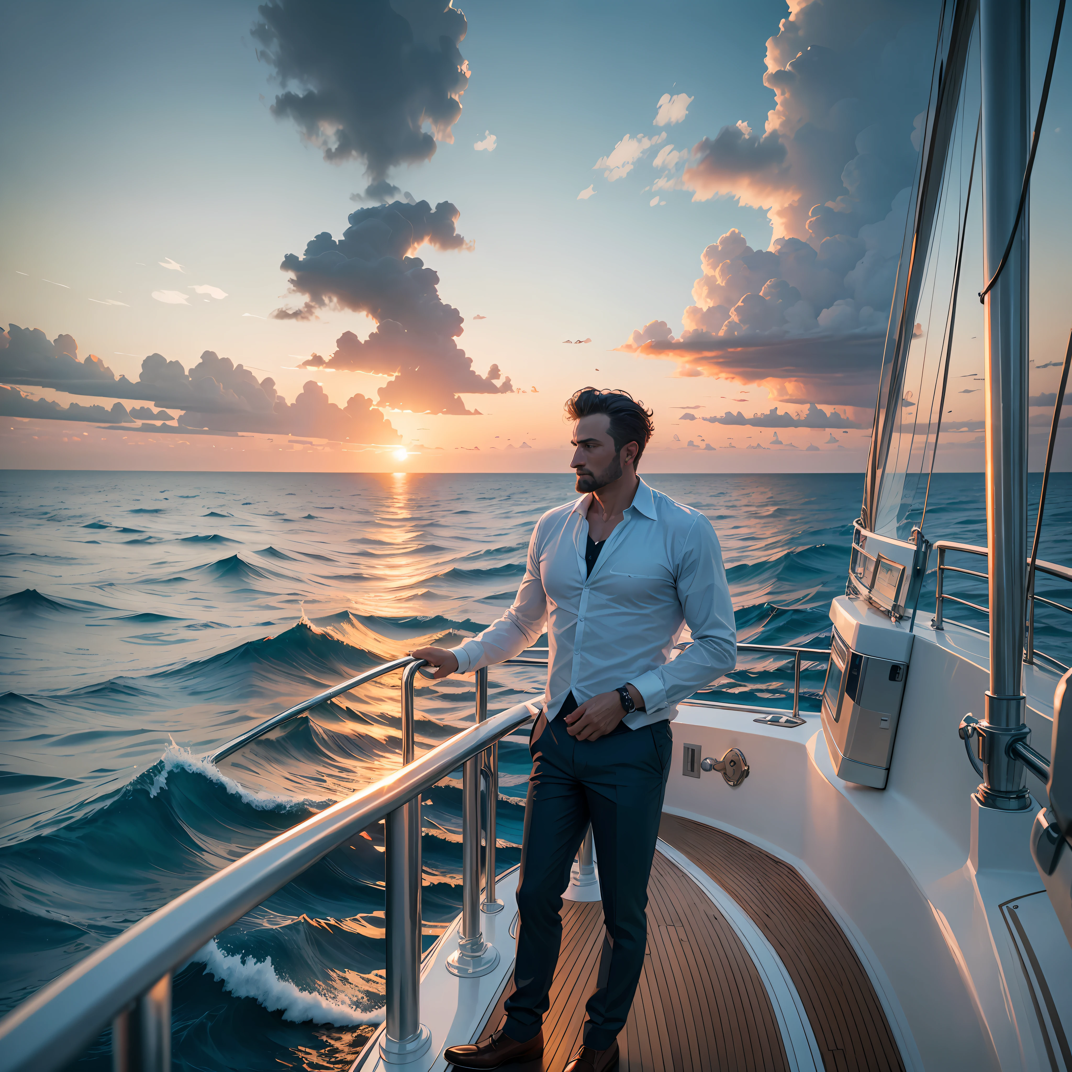 A man , standing,on yacht, luxury,,in middle of ocean,sun set , High water waves,rainy & windy weather, --auto --s2