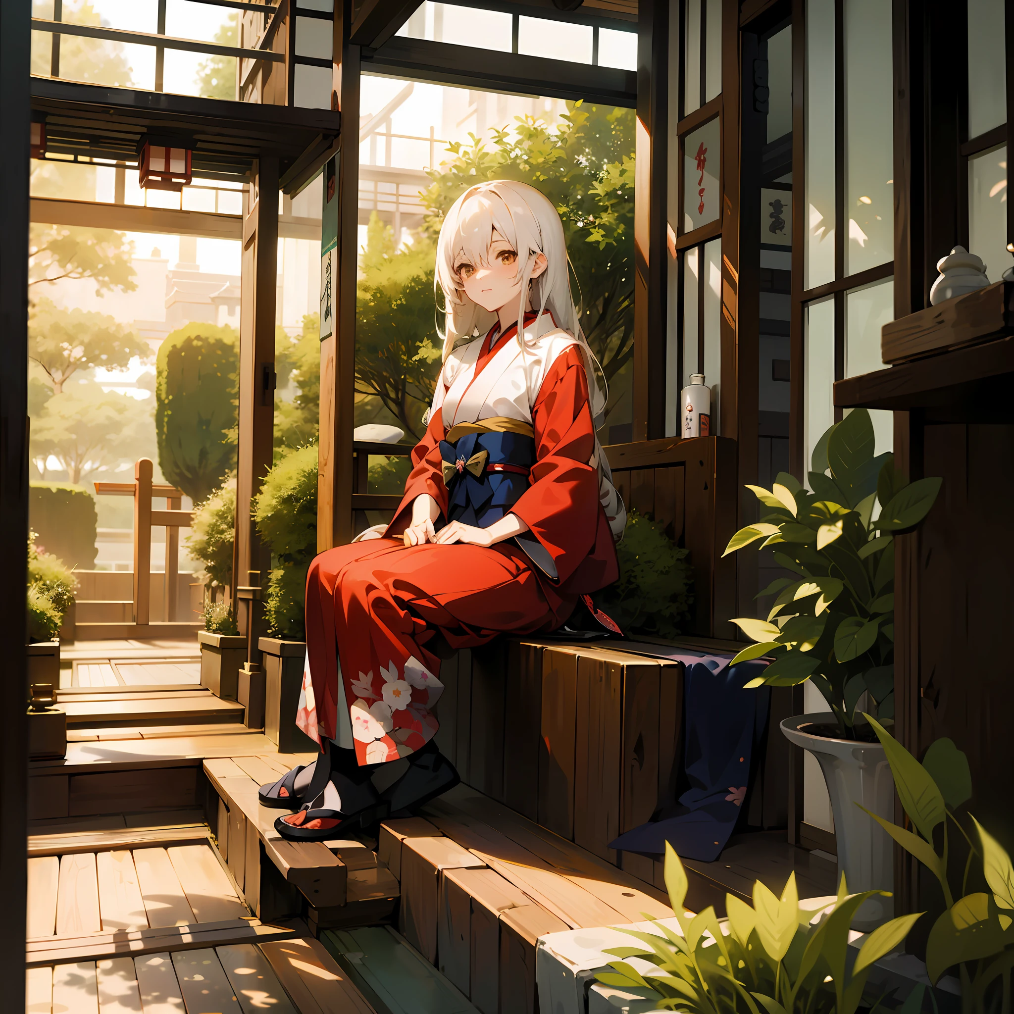 anime girl sitting on a bench in a japanese garden, in kimono, in a kimono, palace ， a girl in hanfu, makoto sinkai, best anime 4k konachan wallpaper, white haired deity, in style of kyoto animation, shikamimi, anime style 4 k, rin, artwork in the style of guweiz, official art