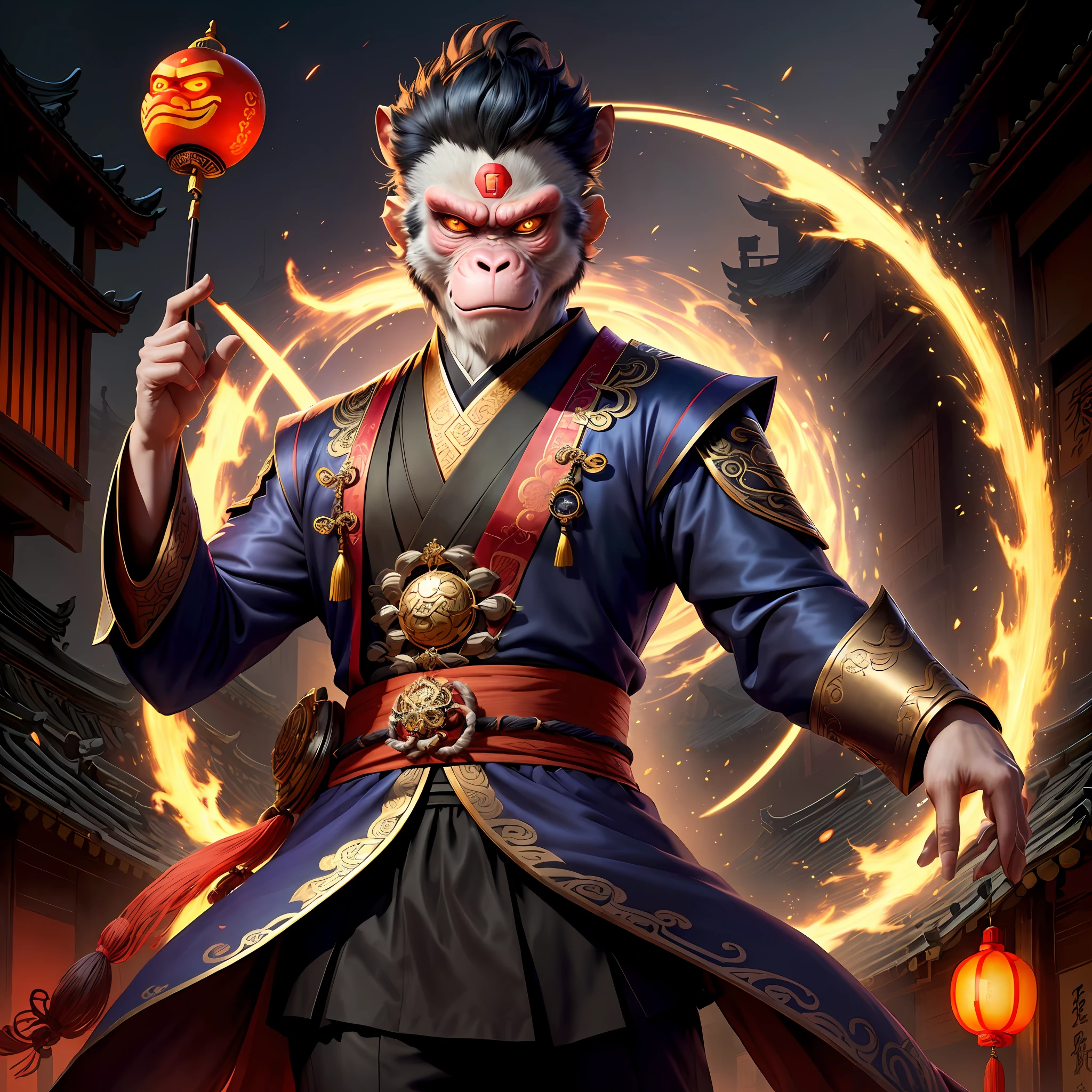 A monkey, magical, anthropomorphic, boy, angry expression, glowing eyes, Wanruo mask, Hanfu, background of ancient Chinese street, night. Genshin Impact Impact, Best Quality, High Detail, High Quality, Ultra High Resolution, OC Rendering, 8K