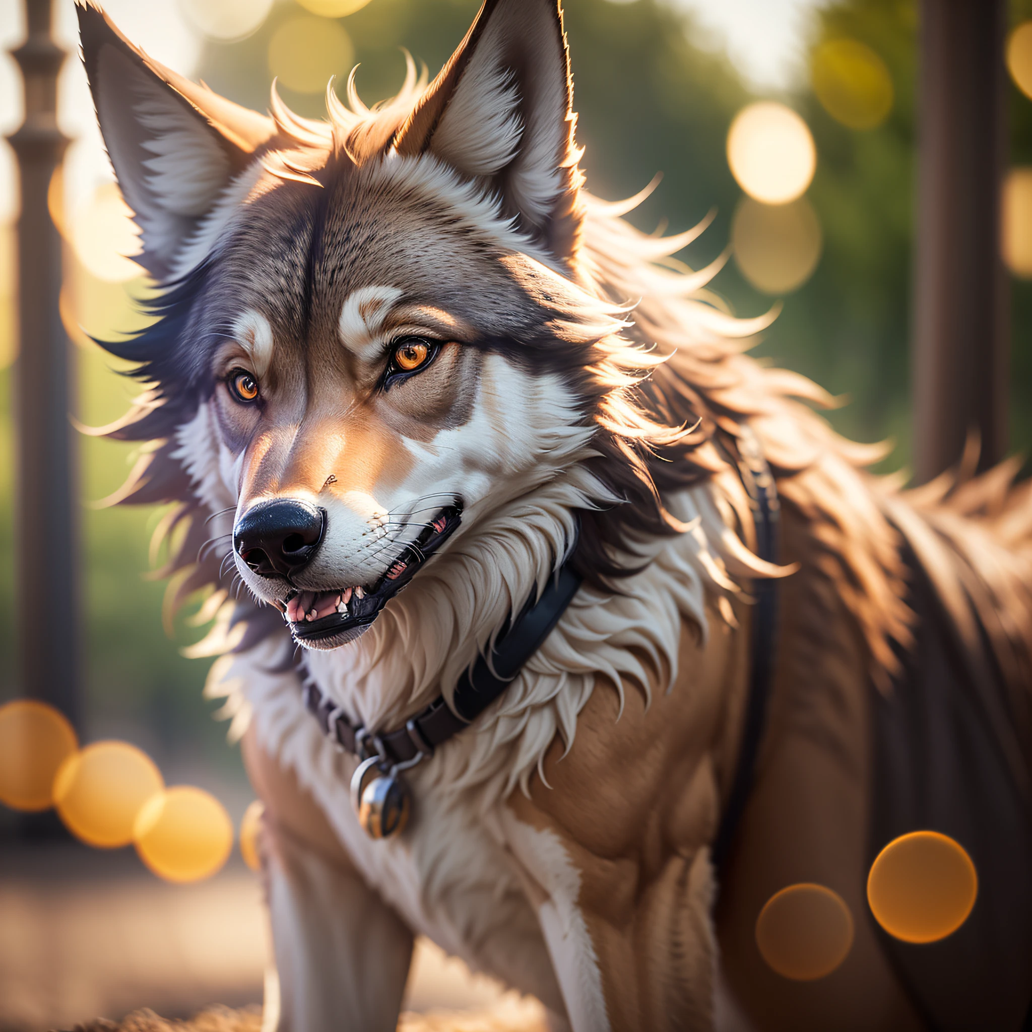 A wolf, professional light, 8k depth of field, in the golden magic hour, professional photography, octane rendering, hyper realistic - amazing sunlight, dynamic composition, photography, sharp focus, Bokeh --auto --s2