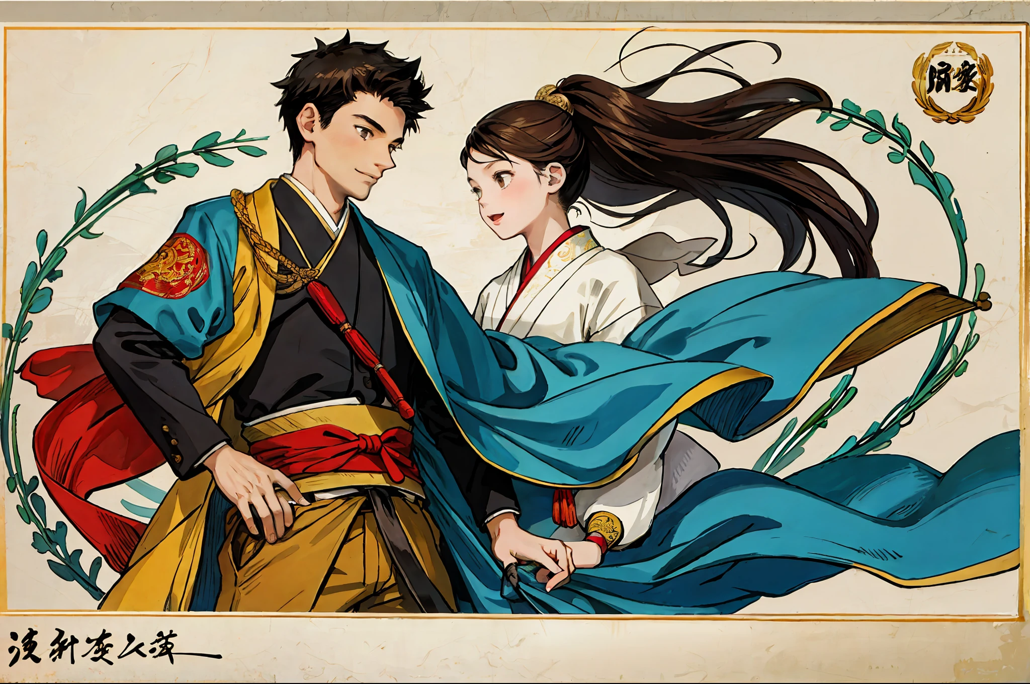(best quality), there are 2 people in the picture, a girl, oriental detailed background, a boy, a young general