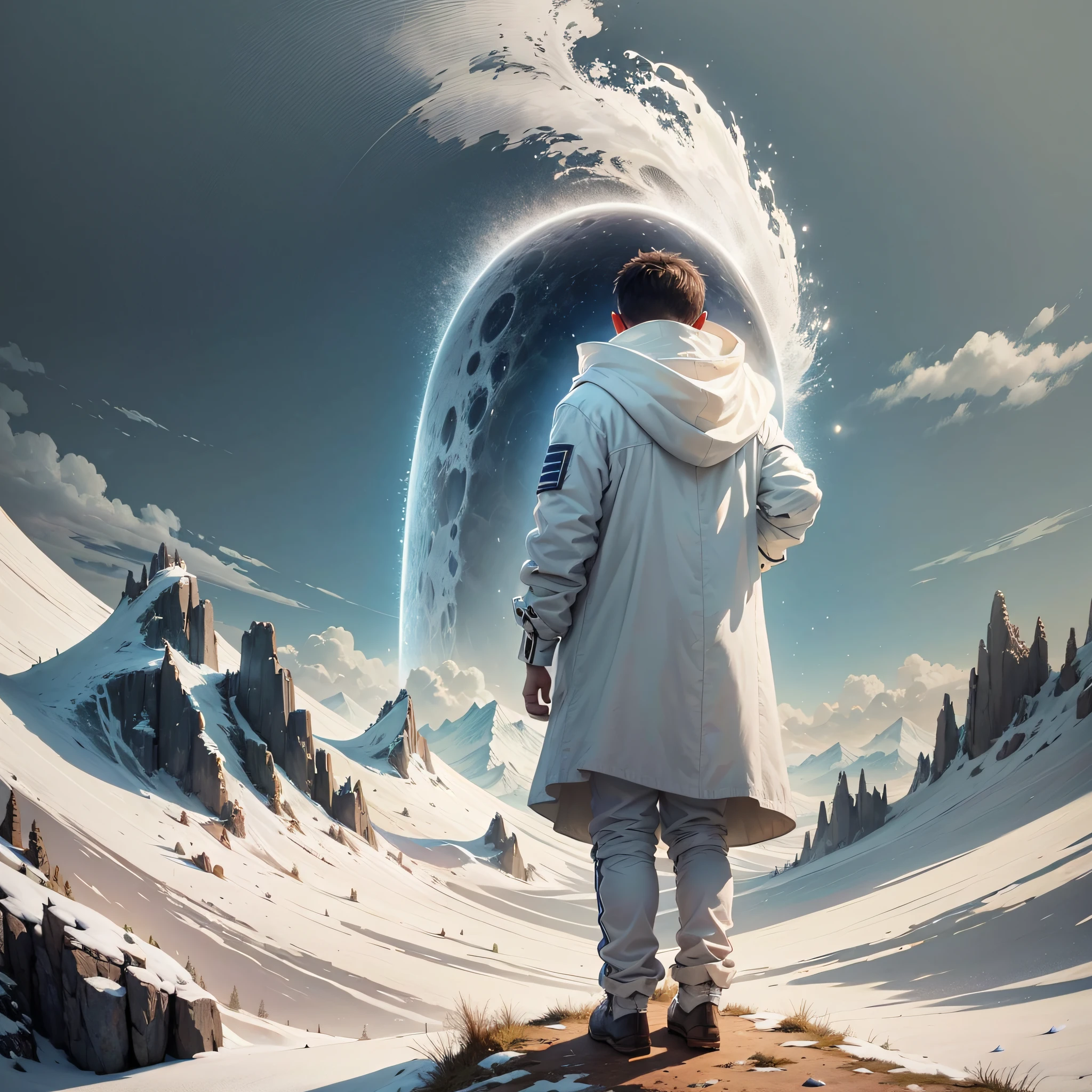 A boy in white, a boy in white, with his back to the sky, stood on the top of the mountain --auto --s2
