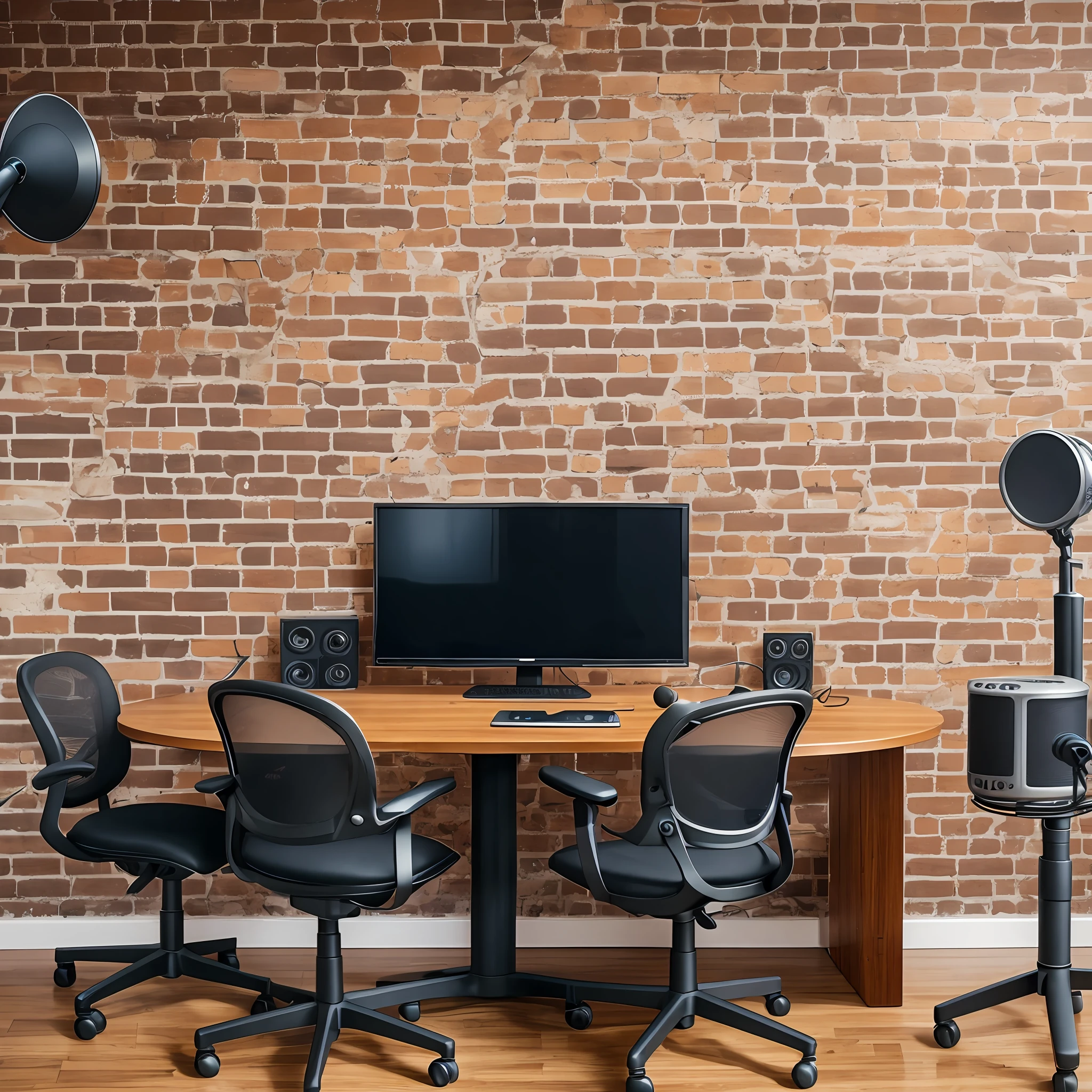 Podcast studio, round table, two microphones, computers, headphones, chairs, papers on the table, pencils, brick wall, TV monitor stuck to the wall --auto --s2
