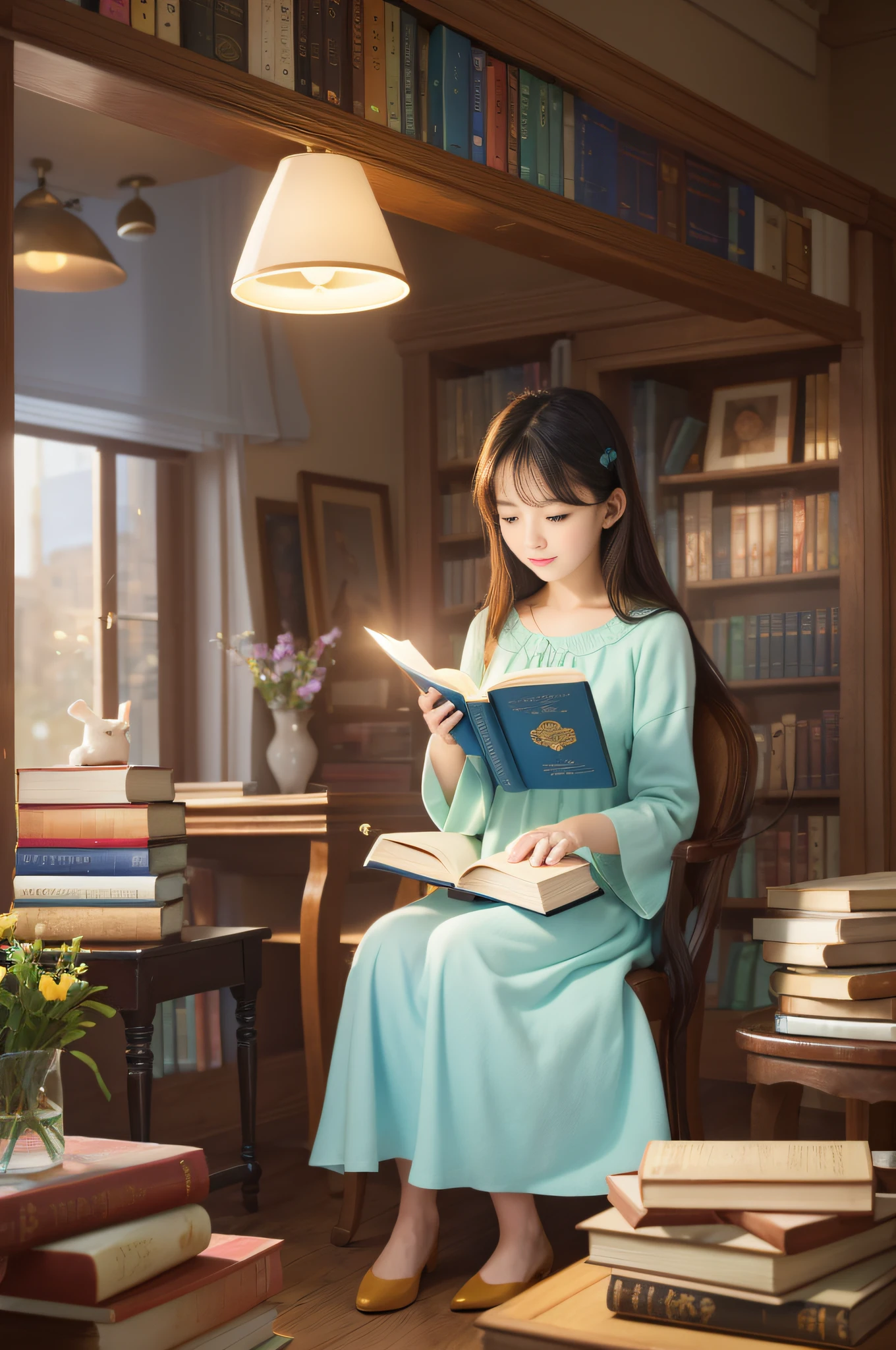 A story of a beautiful woman who became a book spirit. She loved books and visited the library often. One day, she discovered a secret room in the back of the library. There were many old and rare books lined up there. She was curious and held the books one by one. Then, light overflowed from the book and she was sucked into it. She became a book spirit and could travel freely in the book world. BREAK Pencil: This effect simulates the appearance of pencil drawing, with lines and shading. It can create a sketchy or whimsical mood for the scene.