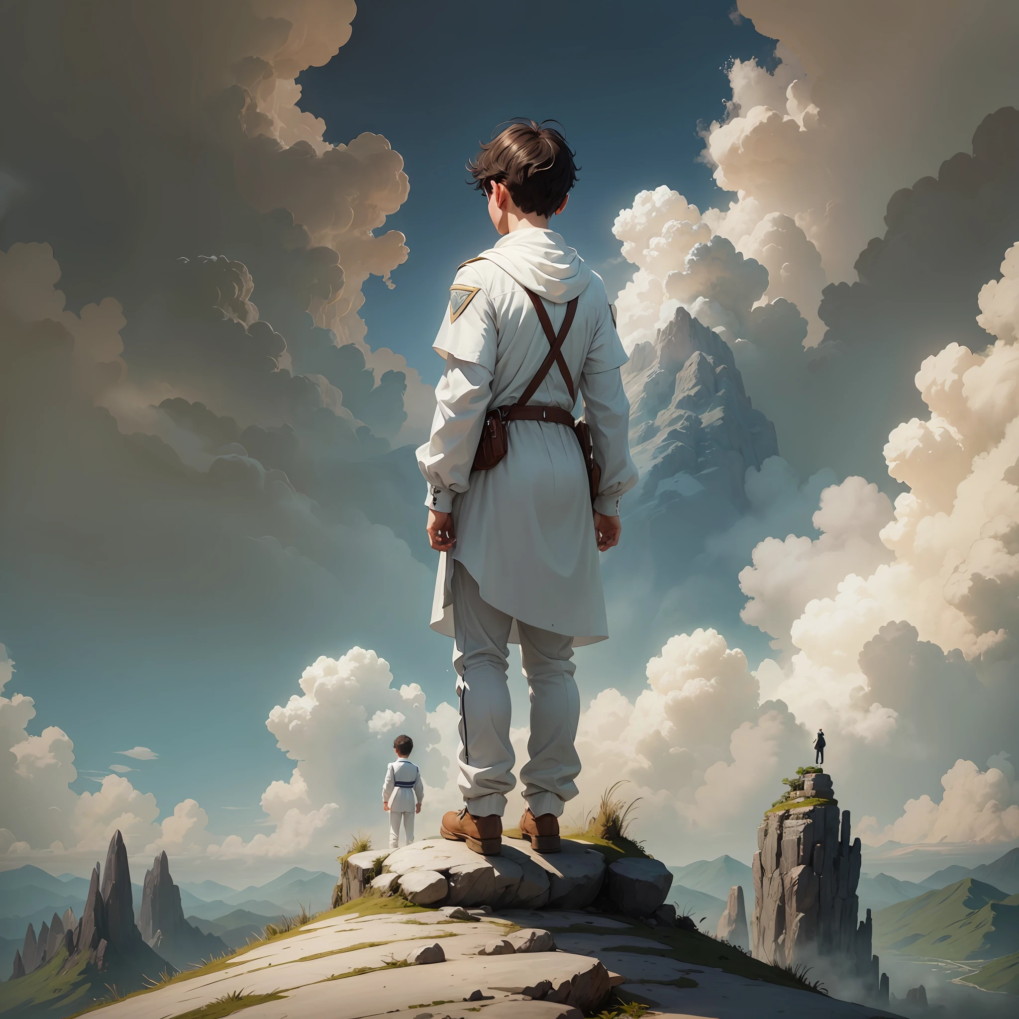 A boy in white, a boy in white, with his back to the sky, stood on the top of the mountain --auto --s2