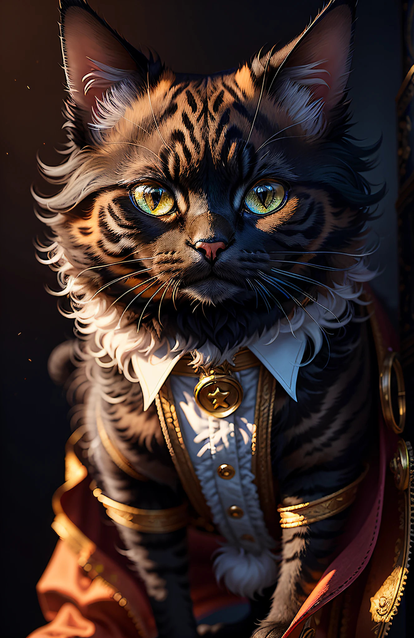 ((cat in clothes)), ((1 black cat)), full shot, fluffy hair, anthropomorphic expressions, rich colors, exquisite details, masterpiece, realistic, artsation, cg, realistic, Unreal Engine, real light and shadow, beautiful rich colors, amazing details, high quality, a pair of ears
