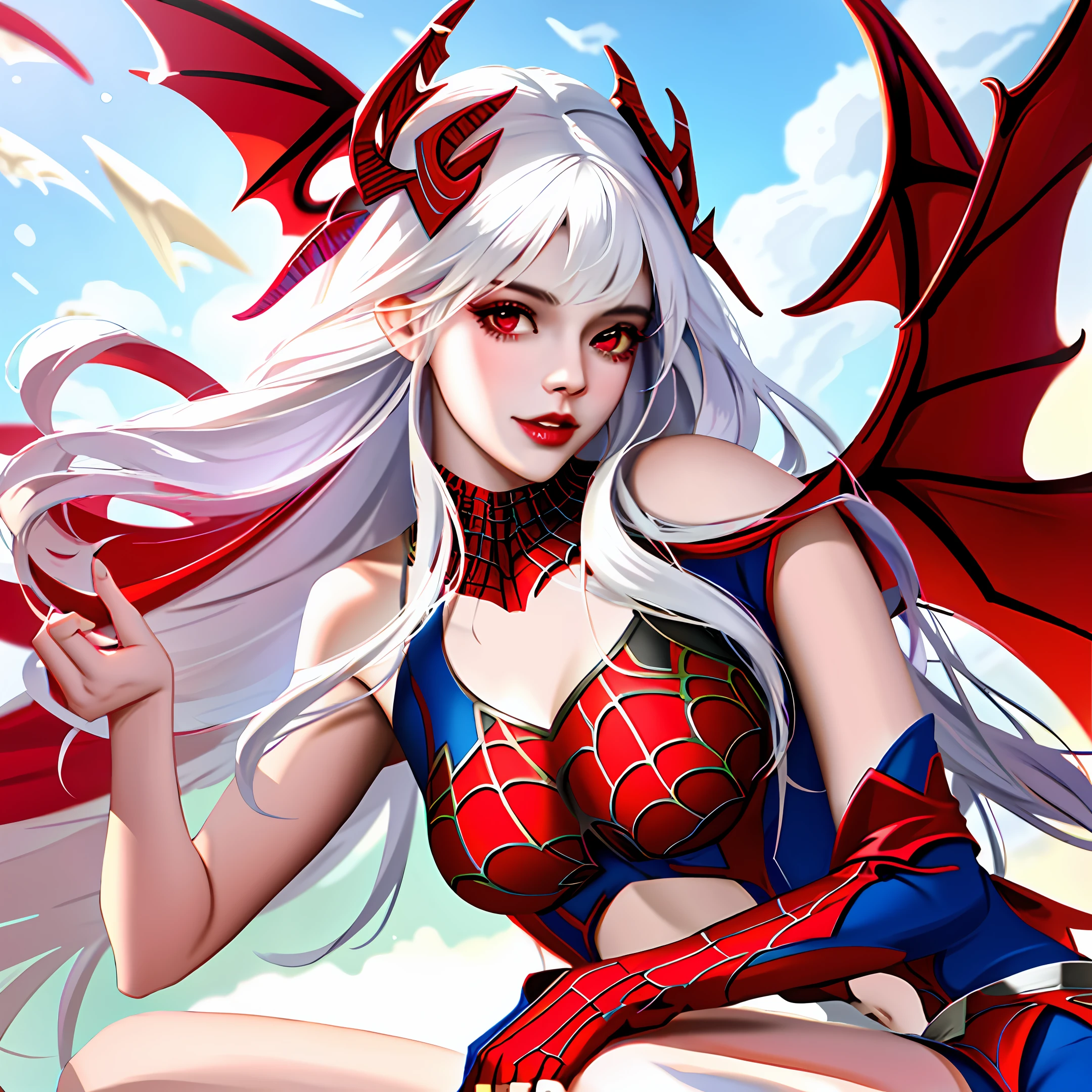 4k, realistic, charismatic, lots of detail, there's a succubus at the top of town, wearing the spider-man costume, she's a spider-man, white superhero theme, long white hair, 25 years old, full body with wing
