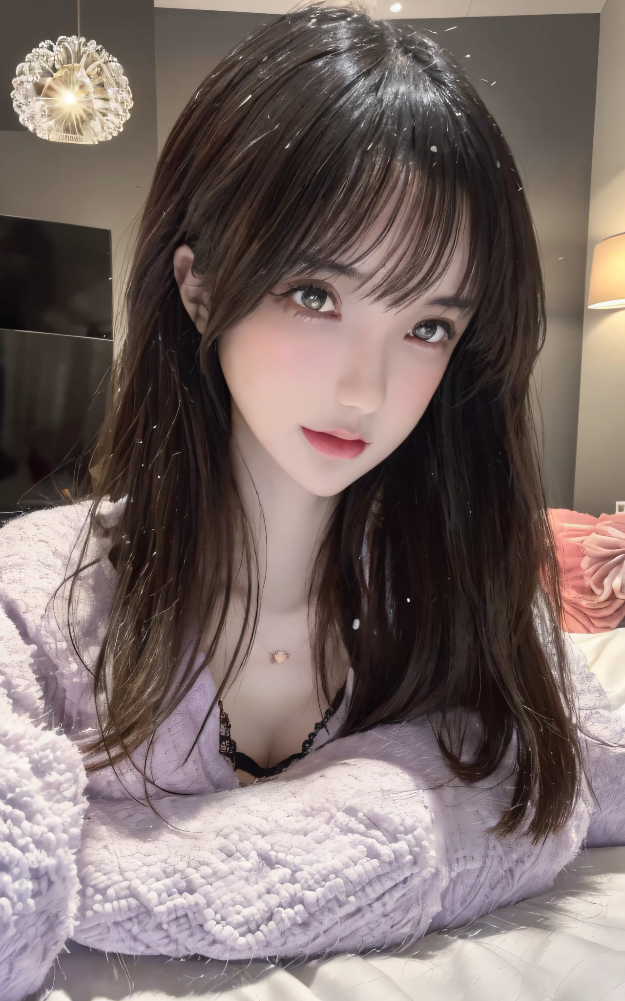 Superb, Ultra High Quality, (Realistic, Photorealistic), Instagram (Photorealistic, High Resolution: 1.4), Beauty, Japan Person, (Beautiful Face: 1.4), (Big, Slender, Constricted Waist), Medium Hair, On Bed, Bokeh, Beauty, Glossy Skin, Small Head, Full Body, Colorful Sexy Lingerie, Bewitching, Sexy Pose, Solo