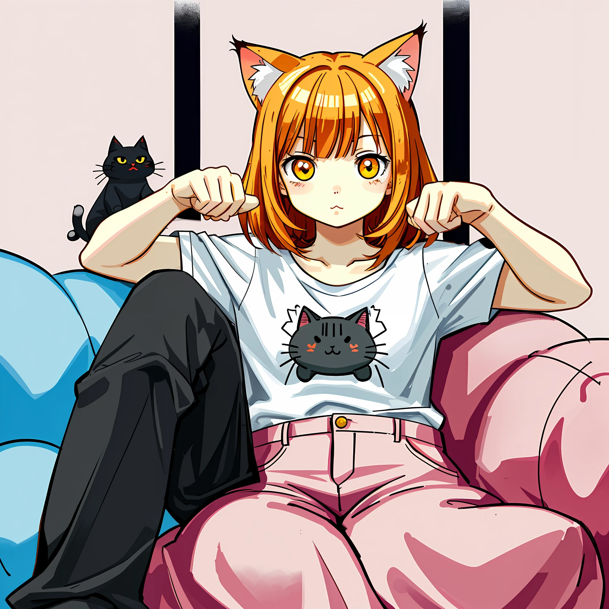 there is a cat that is sitting down with a pink background, kawaii cat, illustration of a cat, anthropomorphic cat, cat design, a cute cat, the cat is orange, sad cat, cat. digital painting, anime visual of a cute cat, fat chibi grey cat, cute cat, style of pusheen. comic, anthropomorphic female cat