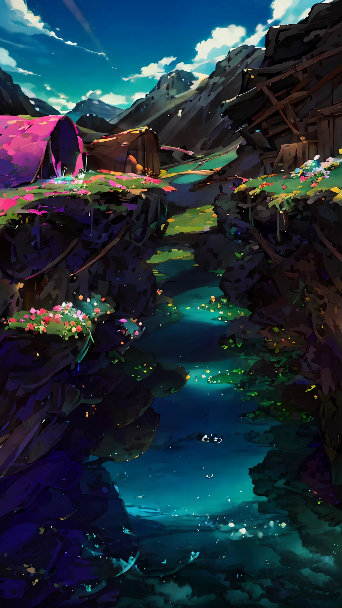 Summer, meadows, a few small flowers, clear lakes, sheep, heaven, large clouds, blue sky, hot weather, HD detail, hyper-detail, cinematic, surrealism, soft light, deep field focus bokeh, distant vistas are snowy mountains, ray tracing, and surrealism. --v6