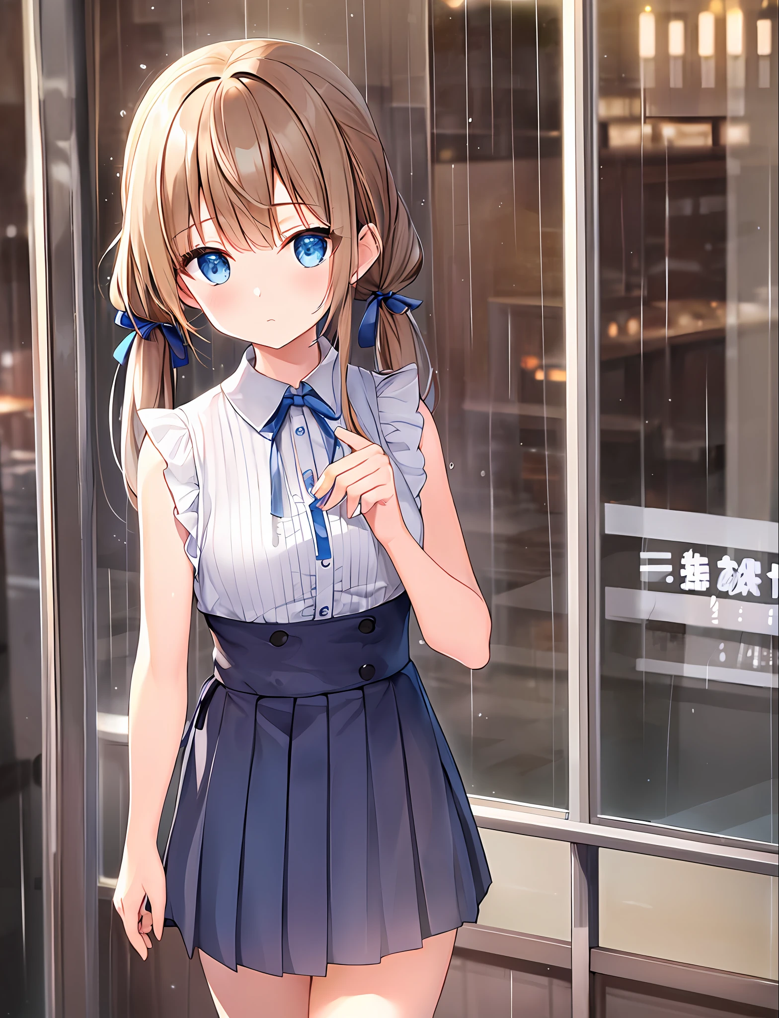 ((best quality)), light brown hair, blue eyes, alone, night, rain, long hair, twin tails, sleeveless knit, pleated skirt, bangs bangs bangs, inside a café, window, hair ornament