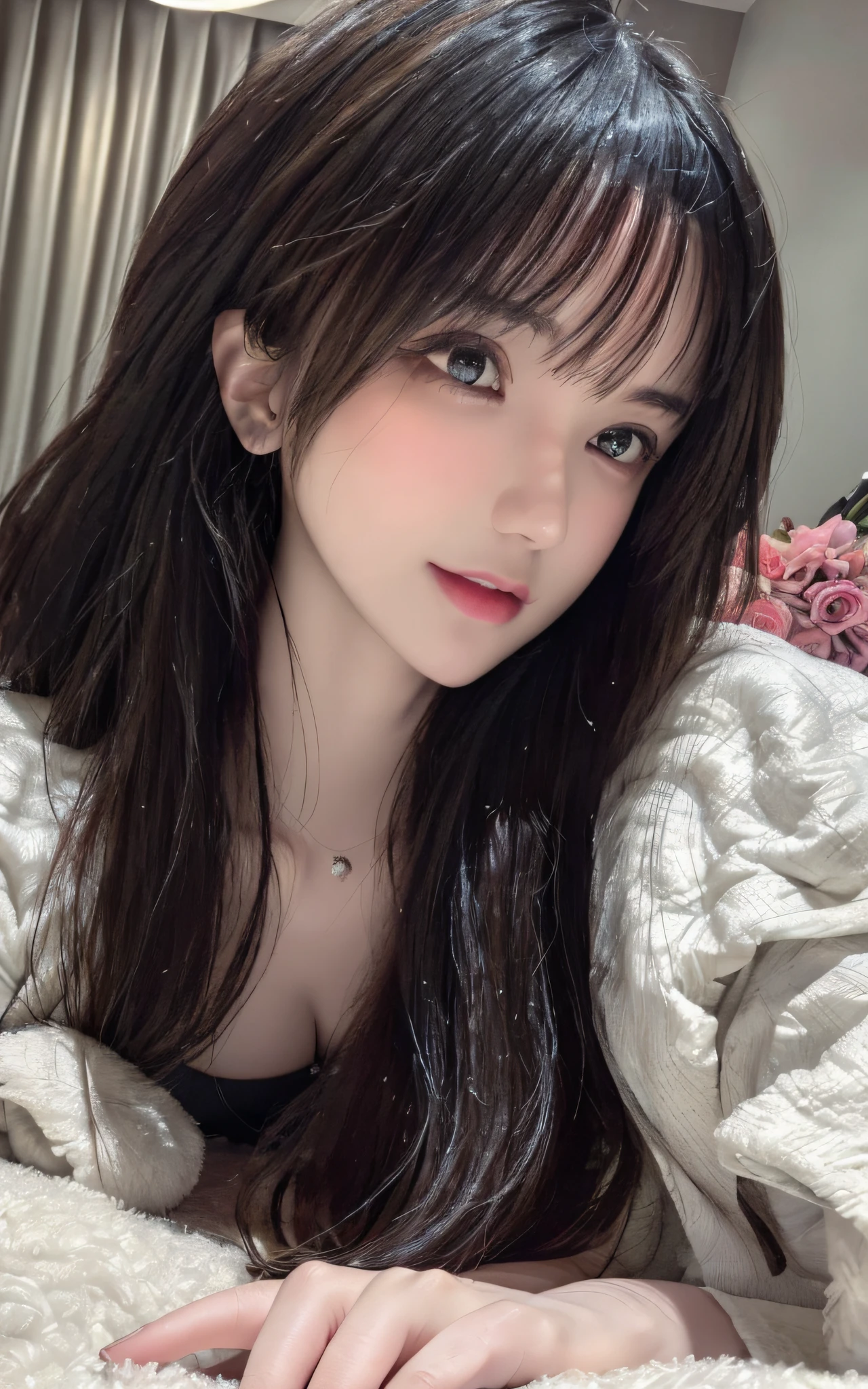 Superb, Ultra High Quality, (Realistic, Photorealistic), Instagram (Photorealistic, High Resolution: 1.4), Beauty, Japan Person, (Beautiful Face: 1.4), (Big, Slender, Constricted Waist), Medium Hair, On Bed, Bokeh, Beauty, Glossy Skin, Small Head, Full Body, Colorful Sexy Lingerie, Bewitching, Sexy Pose, Solo