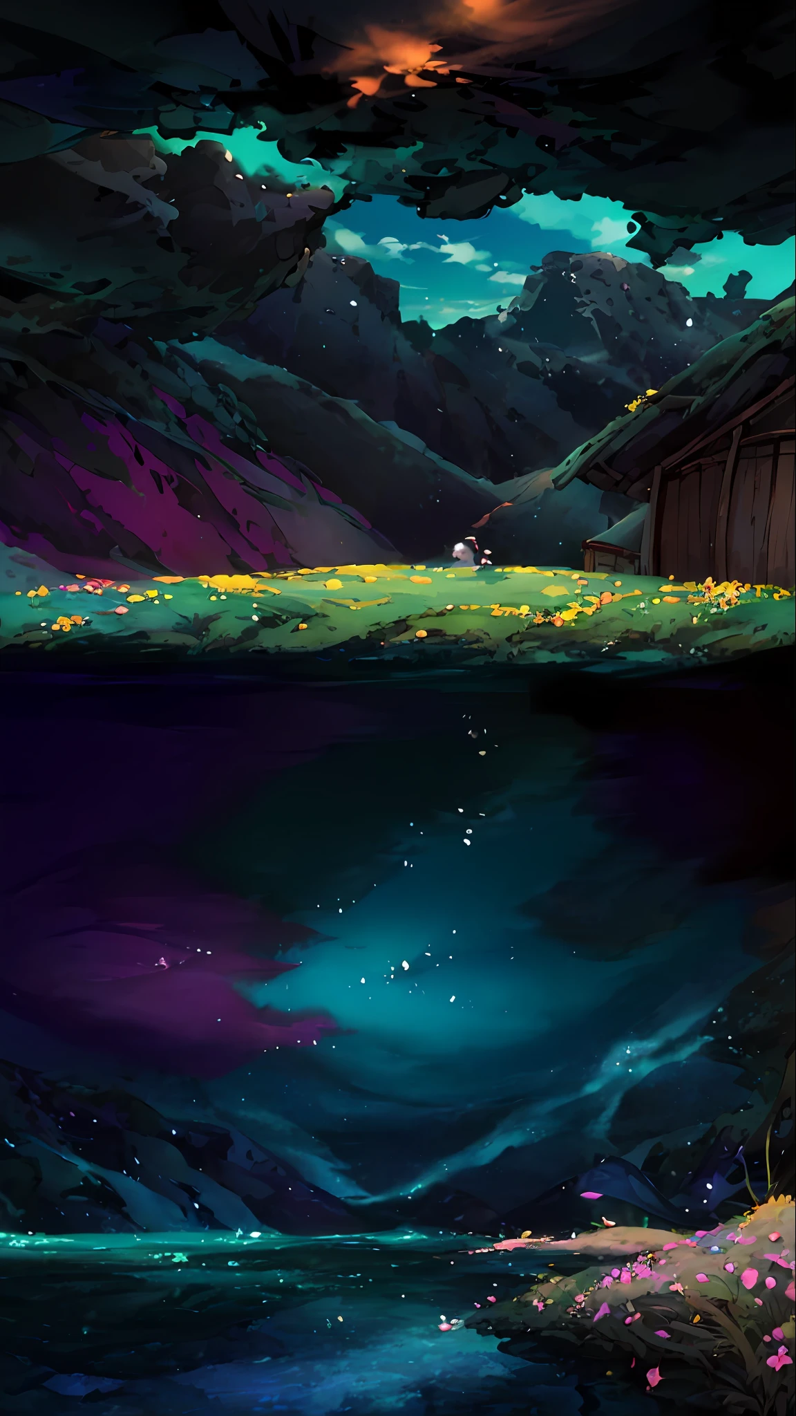 Summer, meadows, a few small flowers, clear lakes, sheep, heaven, large clouds, blue sky, hot weather, HD detail, hyper-detail, cinematic, surrealism, soft light, deep field focus bokeh, distant vistas are snowy mountains, ray tracing, and surrealism. --v6