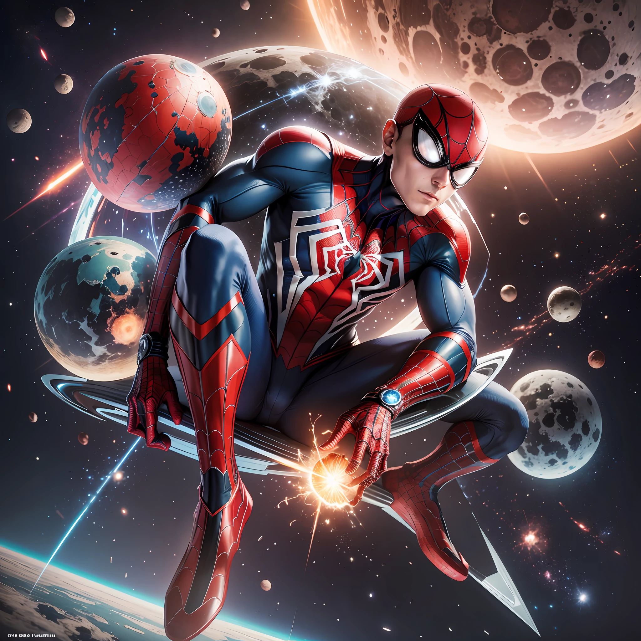 Spiderman sitting in space,full of asteroids, and surrounded by planets, moon, realistic, 8k, well detailed face, full body, lighting,bright, spark, shock, --auto --s2
