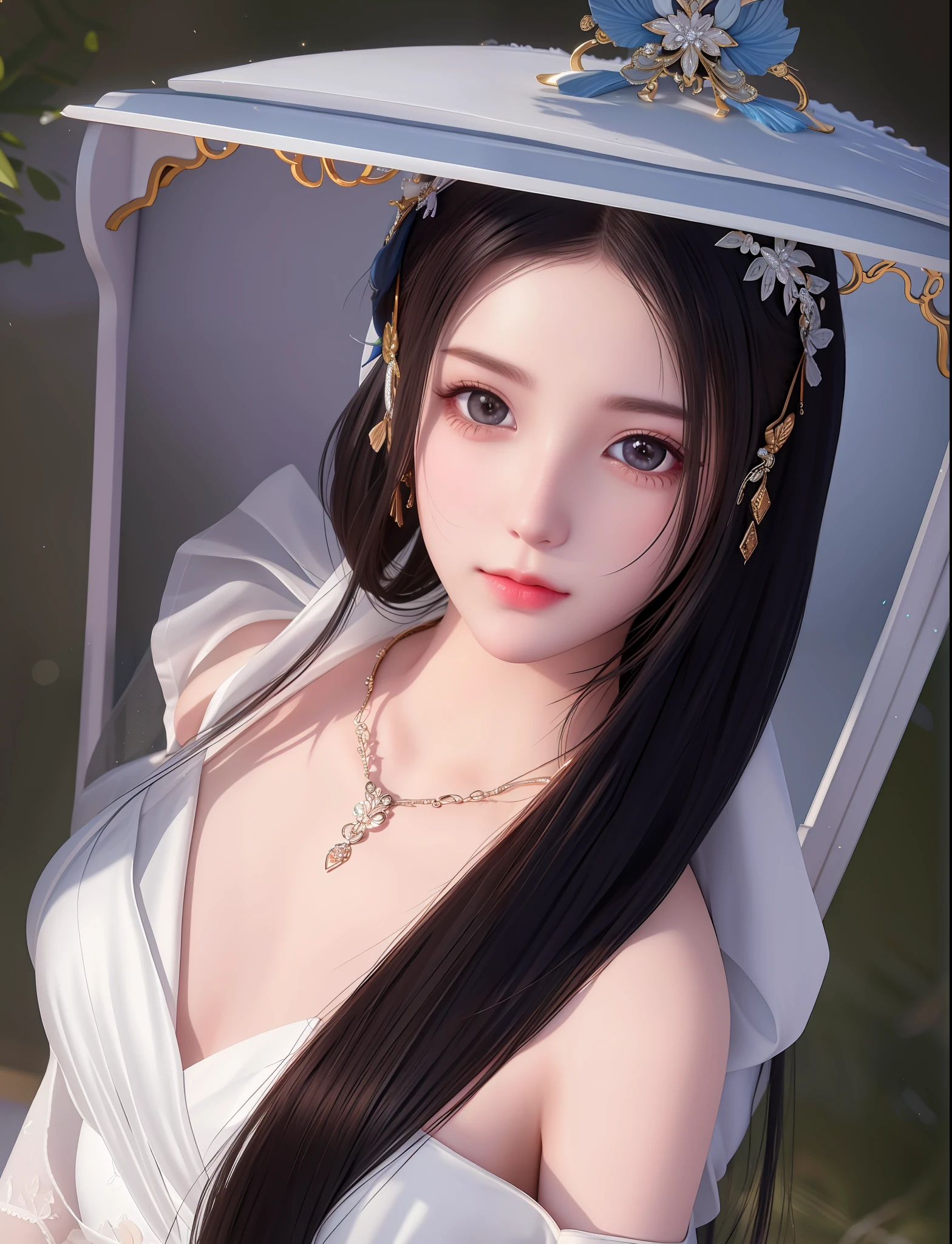 Best quality, masterpiece, high resolution, 1girl, porcelain dress, hair accessories, necklace, jewelry, beautiful face, on the body, Tyndall effect, realistic, dark studio, edge lighting, two-tone lighting, (high detail skin: 1.2), 8k UHD, dslr, soft light, high quality, volumetric light, candid, photo, high resolution, 4k, 8k, background blur,