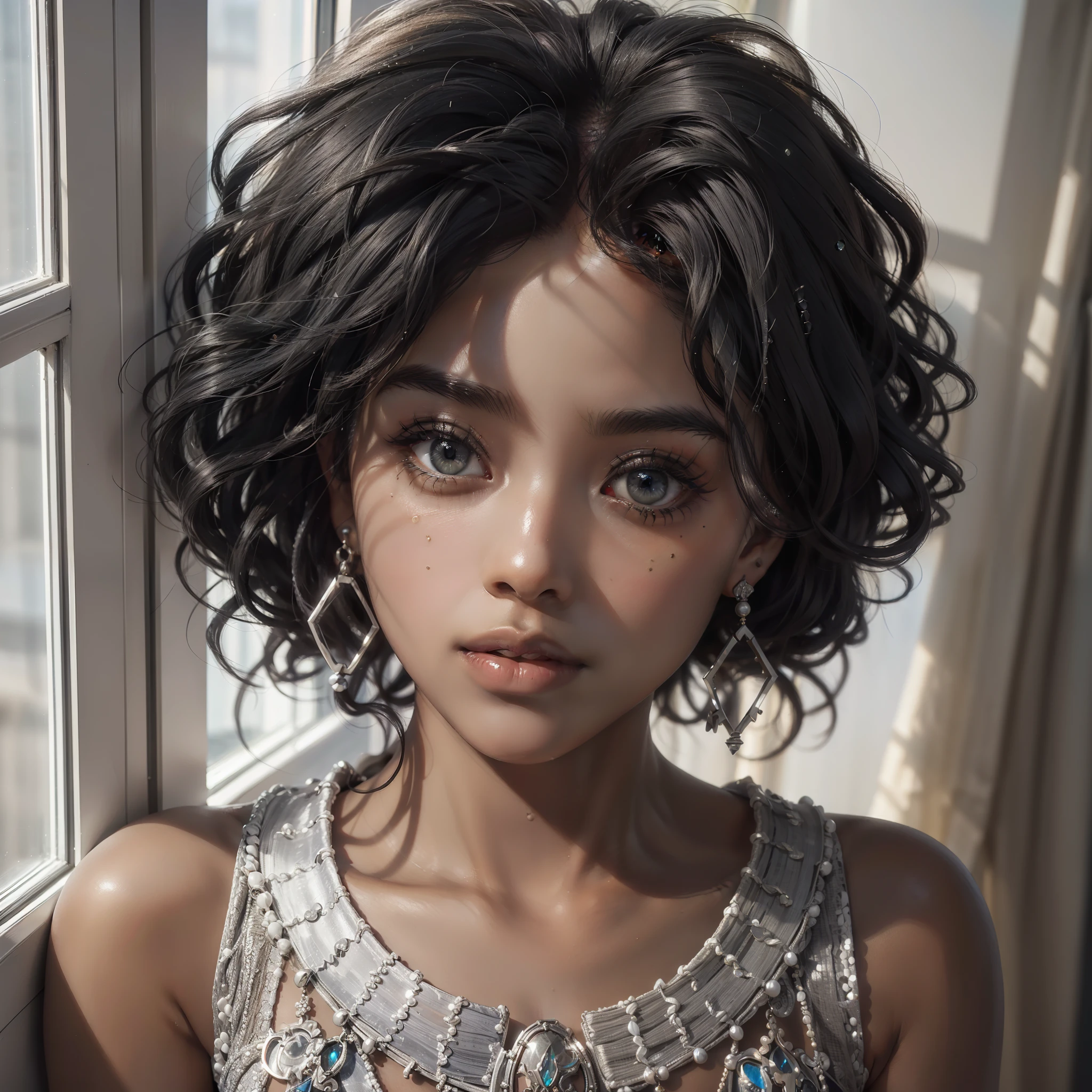 (((Face seen up close))), Photorealism, masterpiece, best quality, play of light, window, detailed and realistic skin, HDR, woman of (((black skin))), Senegal, Curly hair, detailed face, striking lips, dread hair, hair stuck, jewelry, silver, earrings, detailed hair, detailed eyes, black eyes, window background, sunlight,