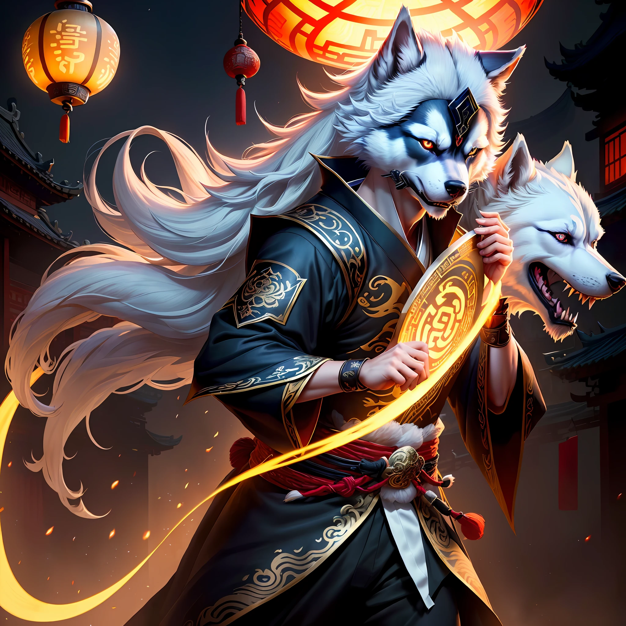 A husky, magical, anthropomorphic, boy, angry expression, glowing eyes, like a mask, Hanfu, background of ancient Chinese streets, night. Genshin Impact Impact, Best Quality, High Detail, High Quality, Ultra High Resolution, OC Rendering, 8K