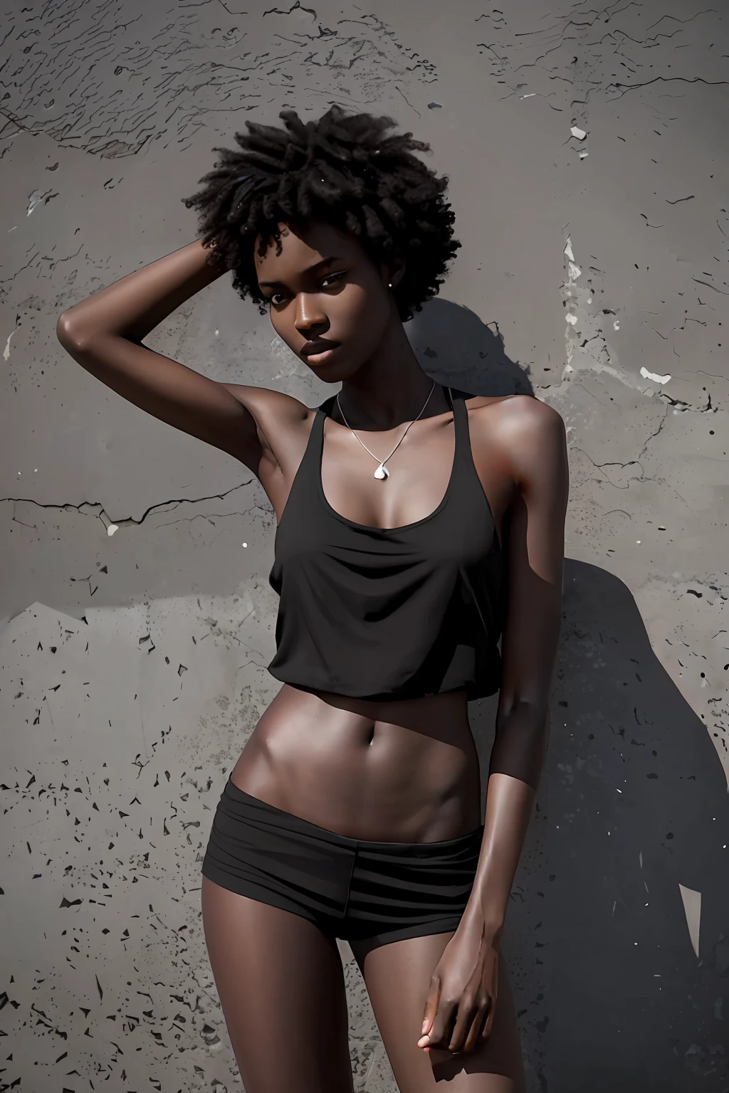 masterpiece, best quality, highly detailed, photorealistic, photo of young tall slender woman, dark skin, upper body, 8k, darkness, backlighting, high contrast, simple background, hands down, ((short:1.5)) curly hair, black tank top, ((shadows:1.2)), sharp focus, centered, looking at the camera, aesthetic