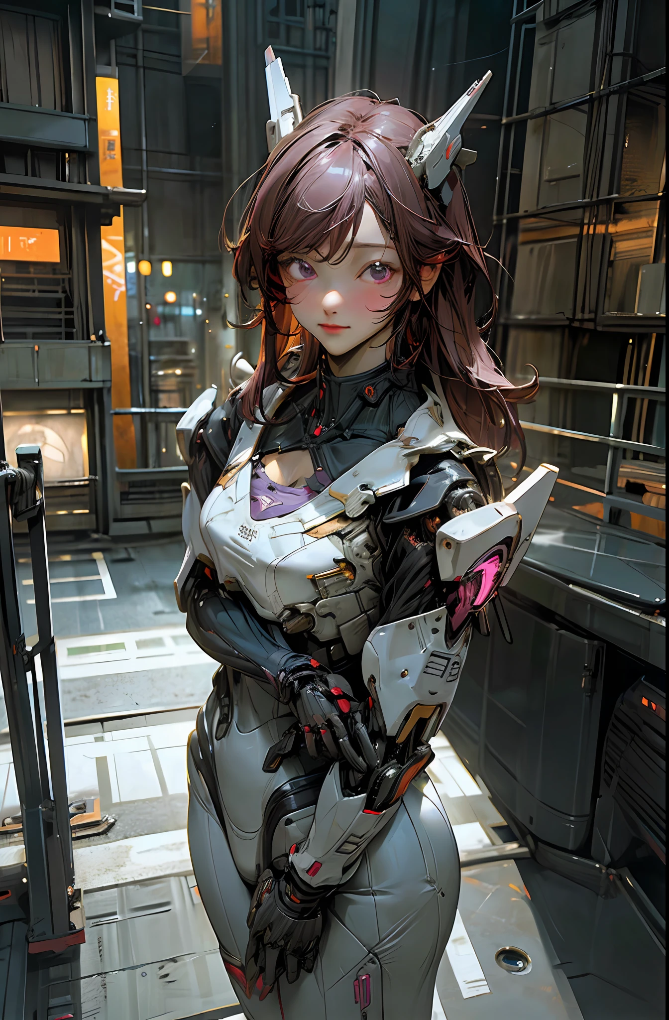 Girl, Sexy, Mecha Suit, Face and Chest and Thighs Skin Exposed, Big, Cleavage Exposed Skin, Purple Eyes, Glowing Eyes, Fine LED Lamps, Detailed Neon, Dark_Fantasy, Cyberpunk Suit, (Gundam, Red: 1.1), One, Mechanical Wonders, Robotic Presence, Cybernetic Guardian, Wearing a worn-out mech suit, complex, ( Steel Metal [Rusty]), elegant and clear focus, cinematography by Greg Rutkowski, soft lighting, bright colors, masterpieces, (street)), cowboy shots, dynamic poses,