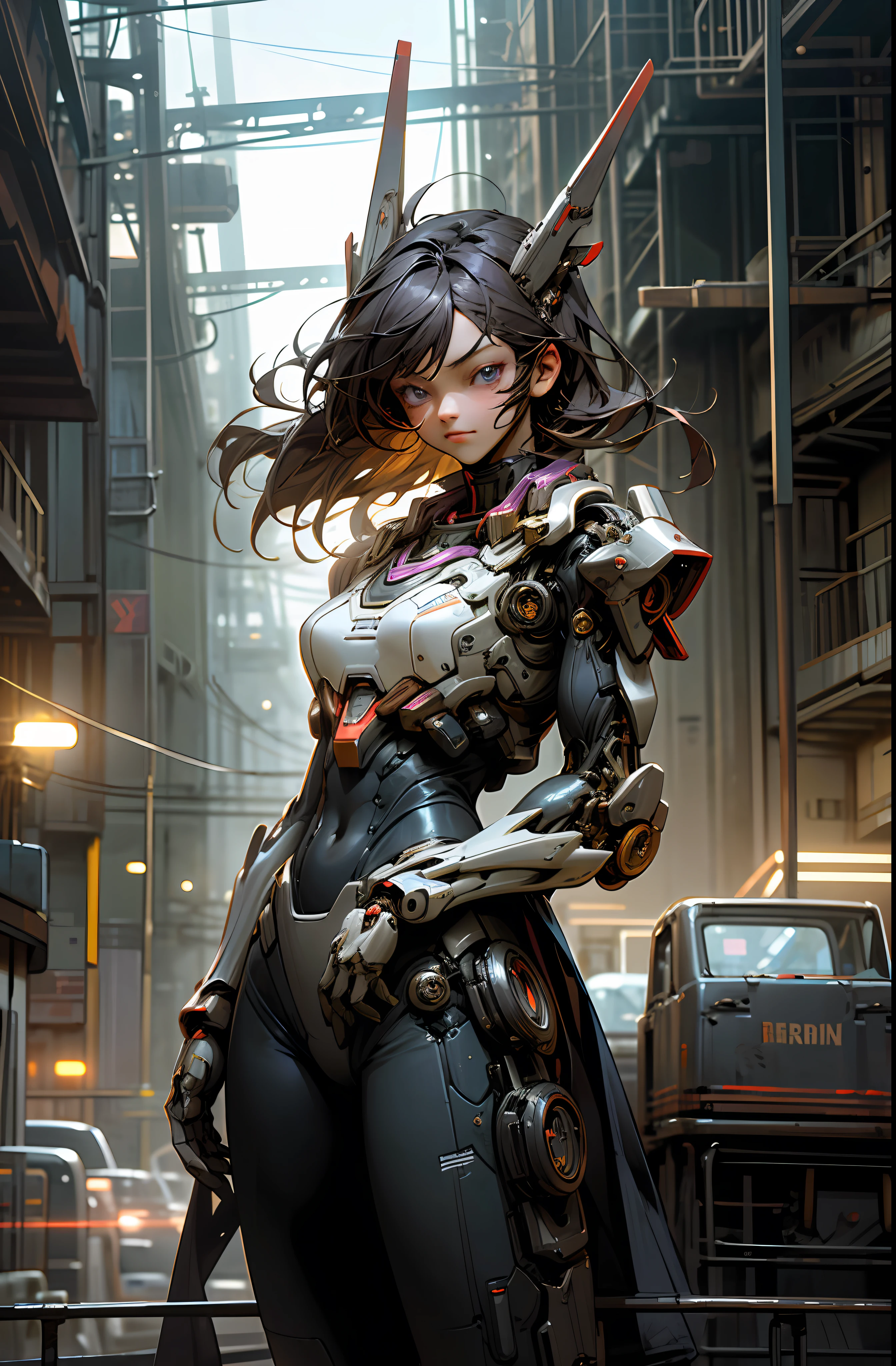 Girl, Sexy, Mecha Suit, Face and Chest and Thighs Skin Exposed, Big, Cleavage Exposed Skin, Purple Eyes, Glowing Eyes, Fine LED Lamps, Detailed Neon, Dark_Fantasy, Cyberpunk Suit, (Gundam, Red: 1.1), One, Mechanical Wonders, Robotic Presence, Cybernetic Guardian, Wearing a worn-out mech suit, complex, ( Steel Metal [Rusty]), elegant and clear focus, cinematography by Greg Rutkowski, soft lighting, bright colors, masterpieces, (street)), cowboy shots, dynamic poses,