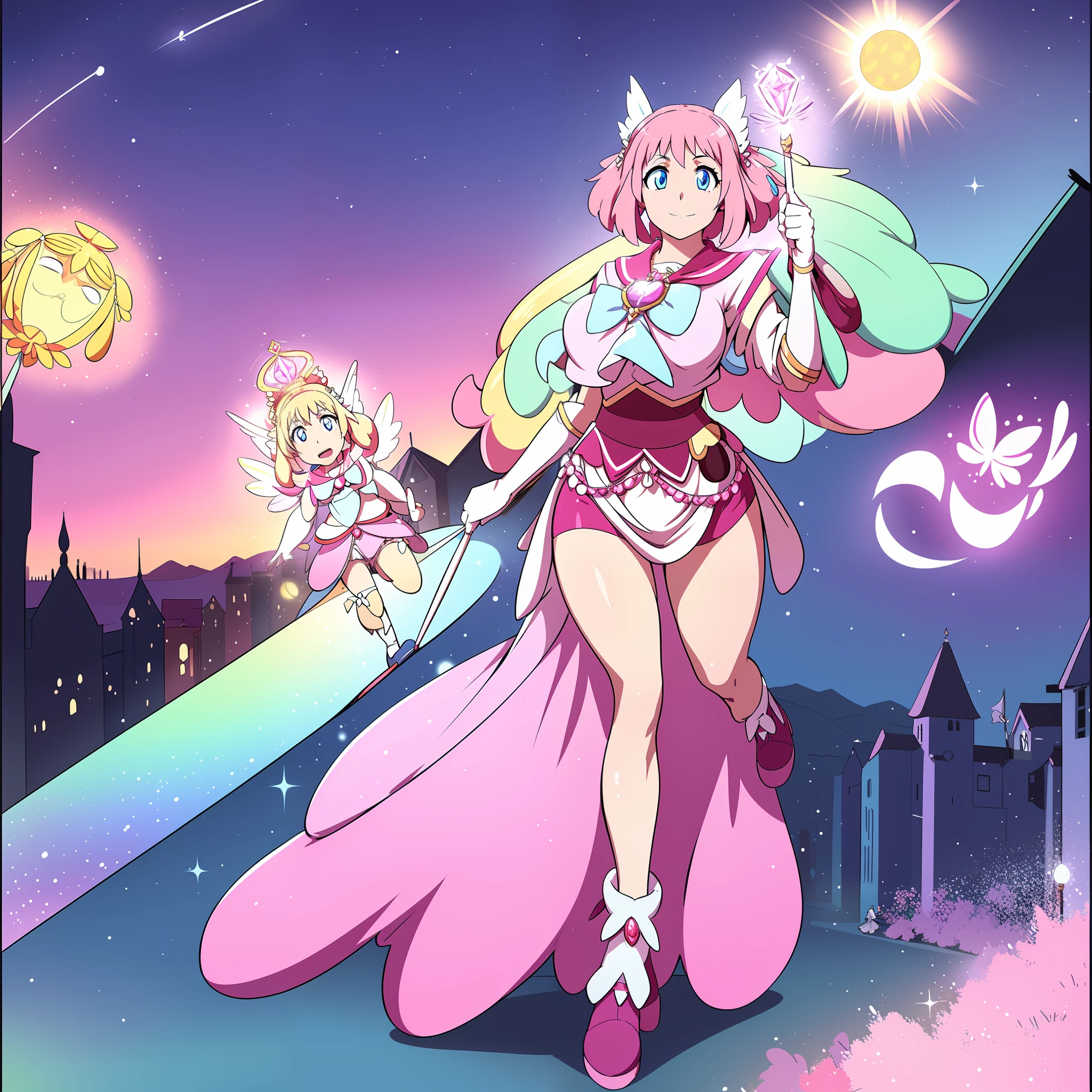 mamika, female,fantasy goddess,there is a cartoon picture of a woman with a very large breast, glowing angelic being, glowing holy aura, inspired by Luma Rouge, the non-binary deity of spring, ethereal rainbow nimbus, the butterfly goddess of fire, inspired by Marie Angel, glowing aura around her, astral fairy, as the goddess of the sun, “uwu the prismatic person, big breast, happy, beautiful eyes, , full body, walking, long robe, long dre, , nun, priestess ,holy, venus body, curvy, huge breast, forest, long skirt, coat, very long skirt,coat, europe, france, french, pantyhose, walking, pink hair, smile, happy,