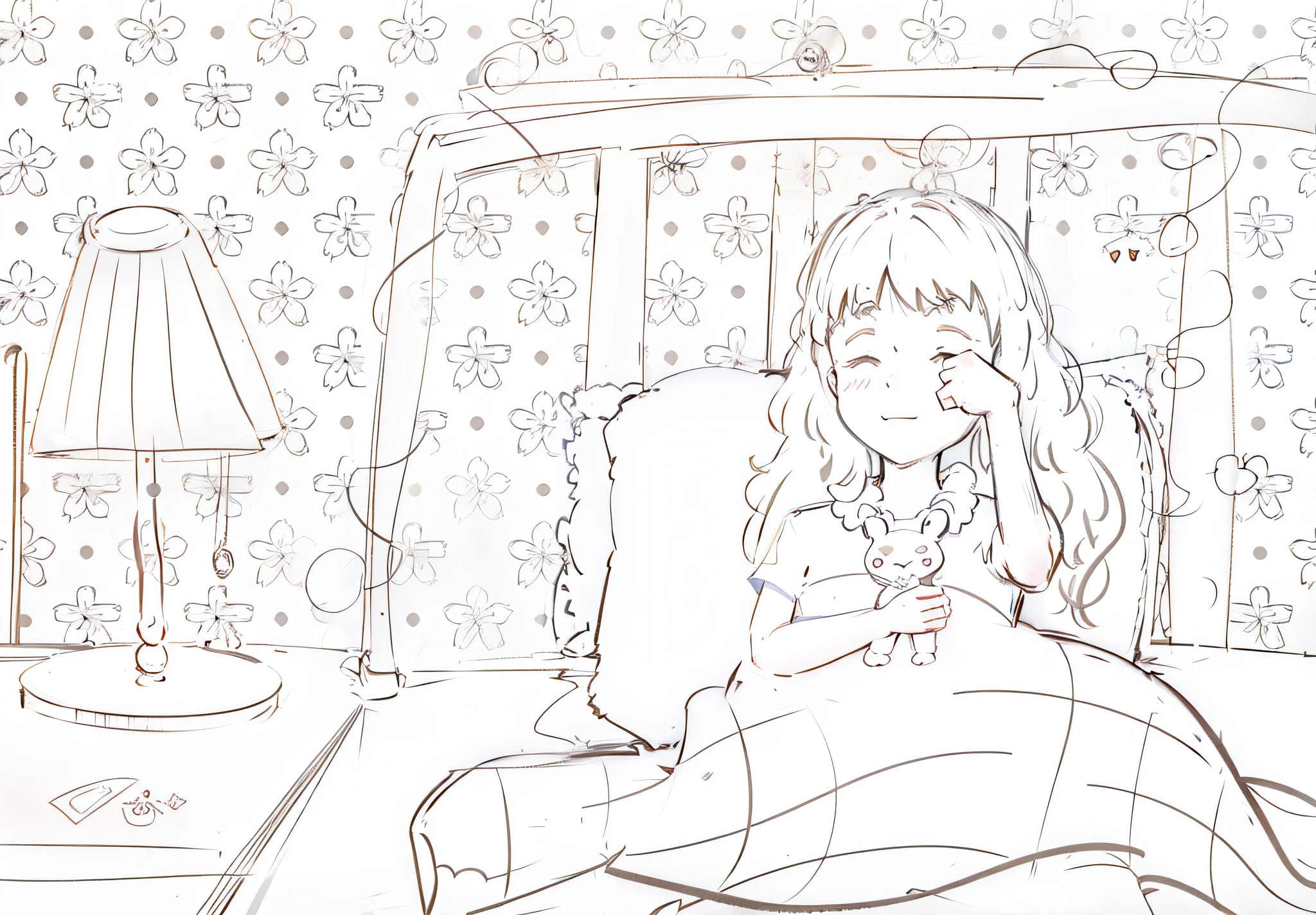 storyboard, dynamic storyboard, animated storyboard, continuous animated storyboard, coloring page of a girl in bed with teddy bear, full page illustration, line art coloring page, line art, overnight stay in bedroom, line art!!, strong line art, clean coloring book page, coloring - in worksheet, by Naka Bokunen, detailed line art, thick line art, lying in bed, coloring page, simple line art, girl rubbing eyes, girl yawning