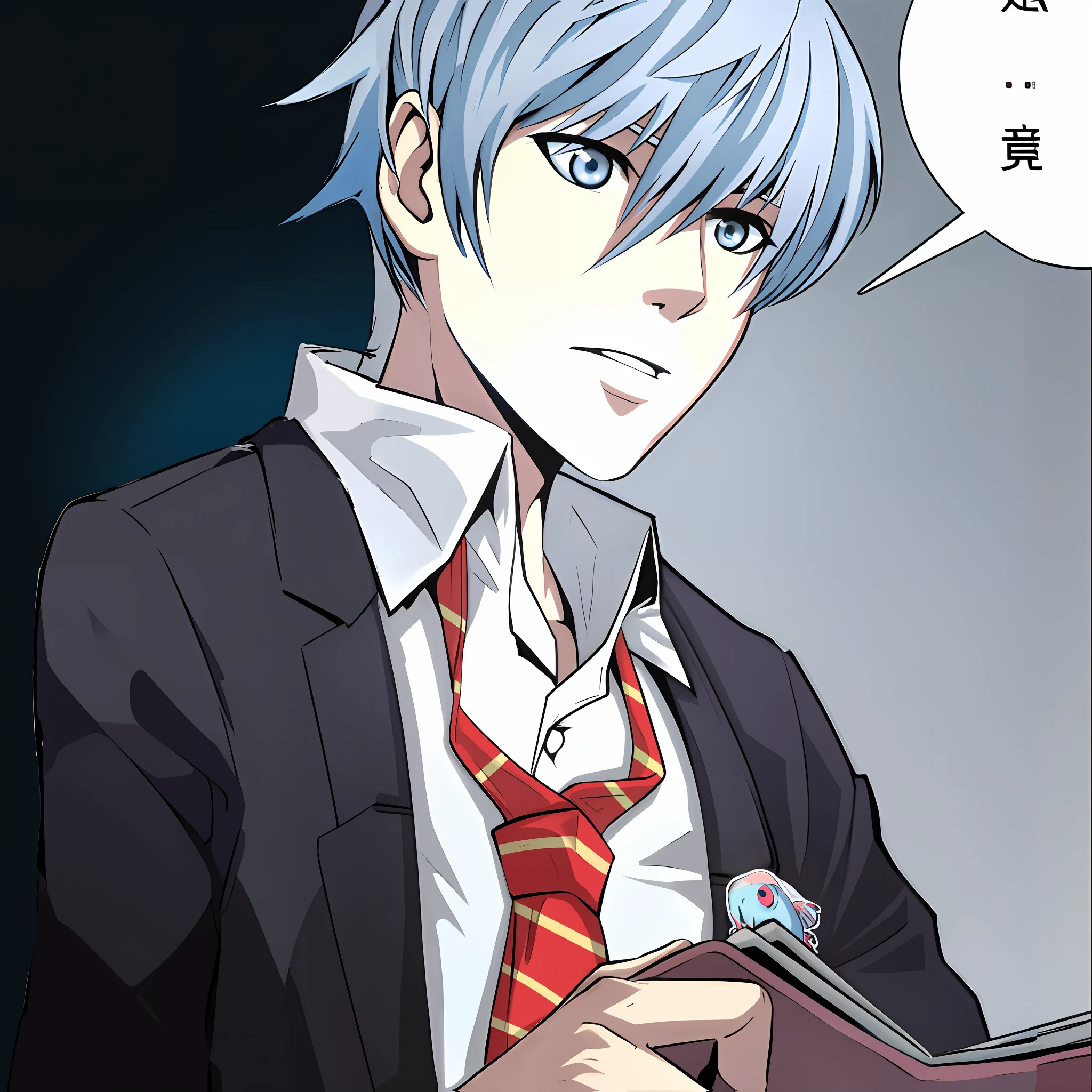 anime character with blue hair and a red tie holding a cell phone, colored manga panel, 2 d anime style, color manga panel, tall anime guy with blue eyes, coloured manga scan, kaworu nagisa, wallpaper!, ssss.gridman, kentaro miura manga art style, roguish smirk, kentaro miura manga style, highschool background