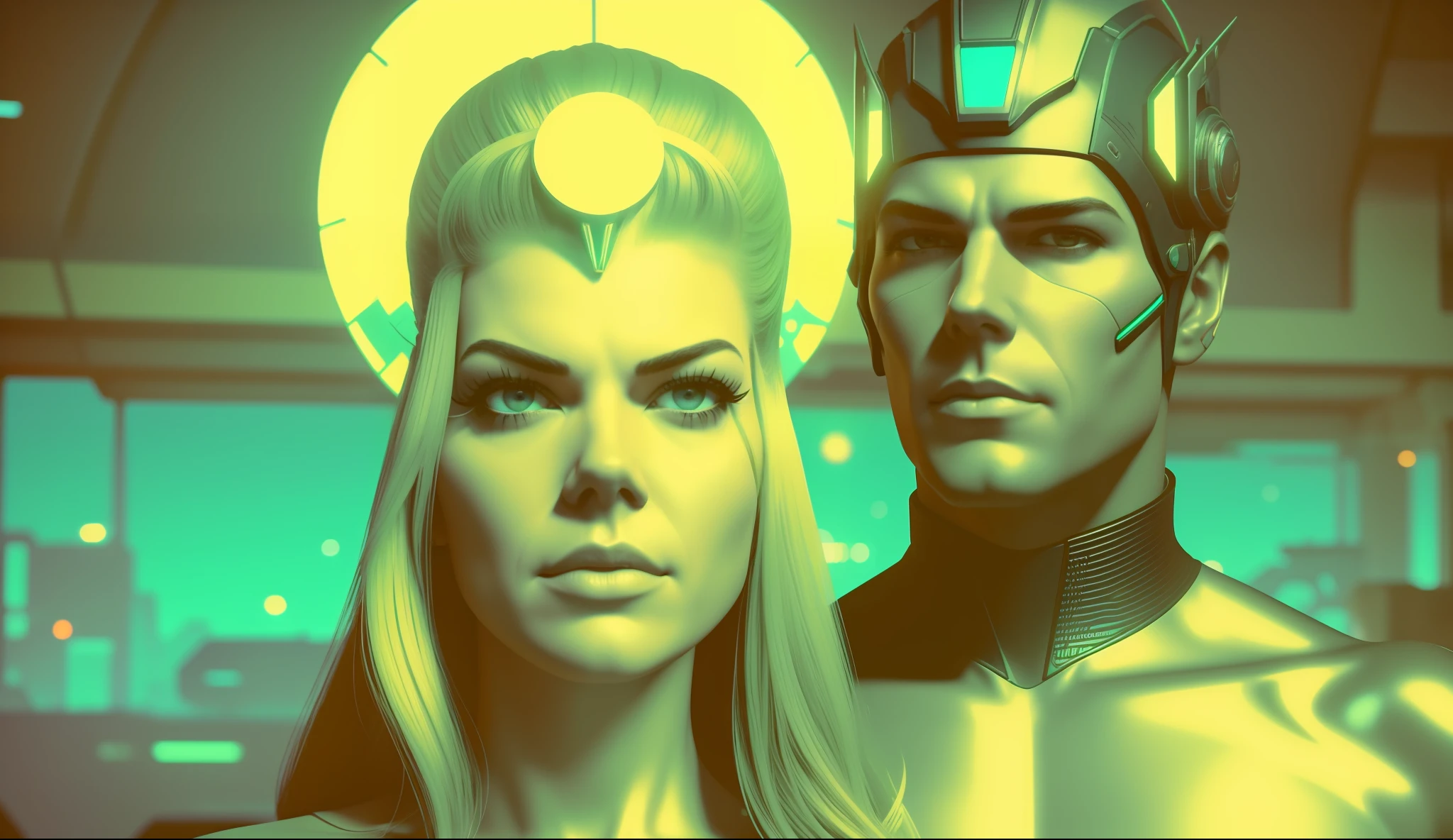 a man (Jeff Ward) and a woman (Adrianne Palicki) are standing next to each other, cyberpunk art by Kuno Veeber, behance, retrofuturism, daz3d, sci-fi, darksynth