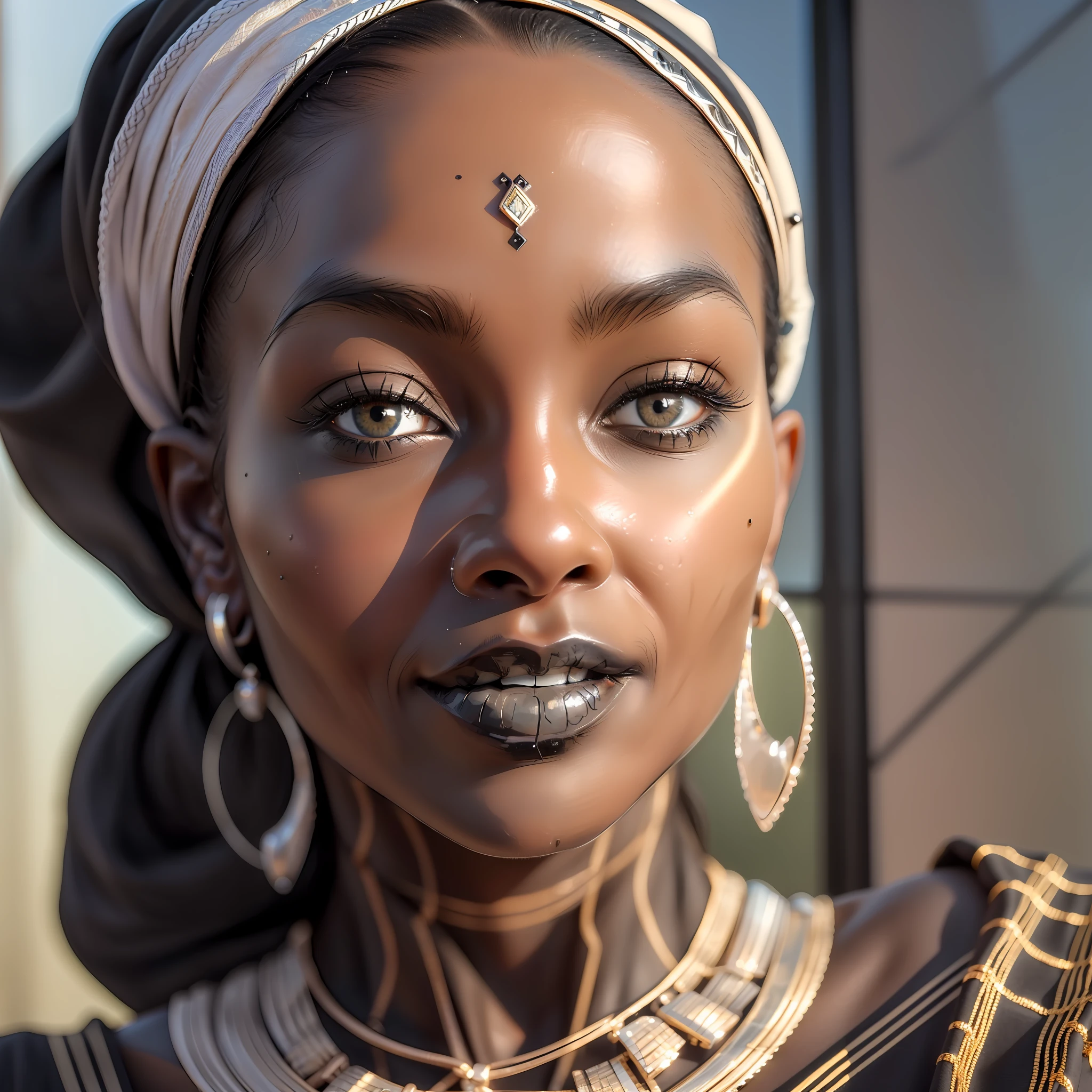 (((Face seen up close))), Photorealism, masterpiece, best quality, play of light, window, detailed and realistic skin, HDR, woman of (((black skin))), Senegal, detailed face, striking lips, dread hair, hair stuck, jewelry, silver, earrings, detailed hair, detailed eyes, black eyes, window background, sunlight,