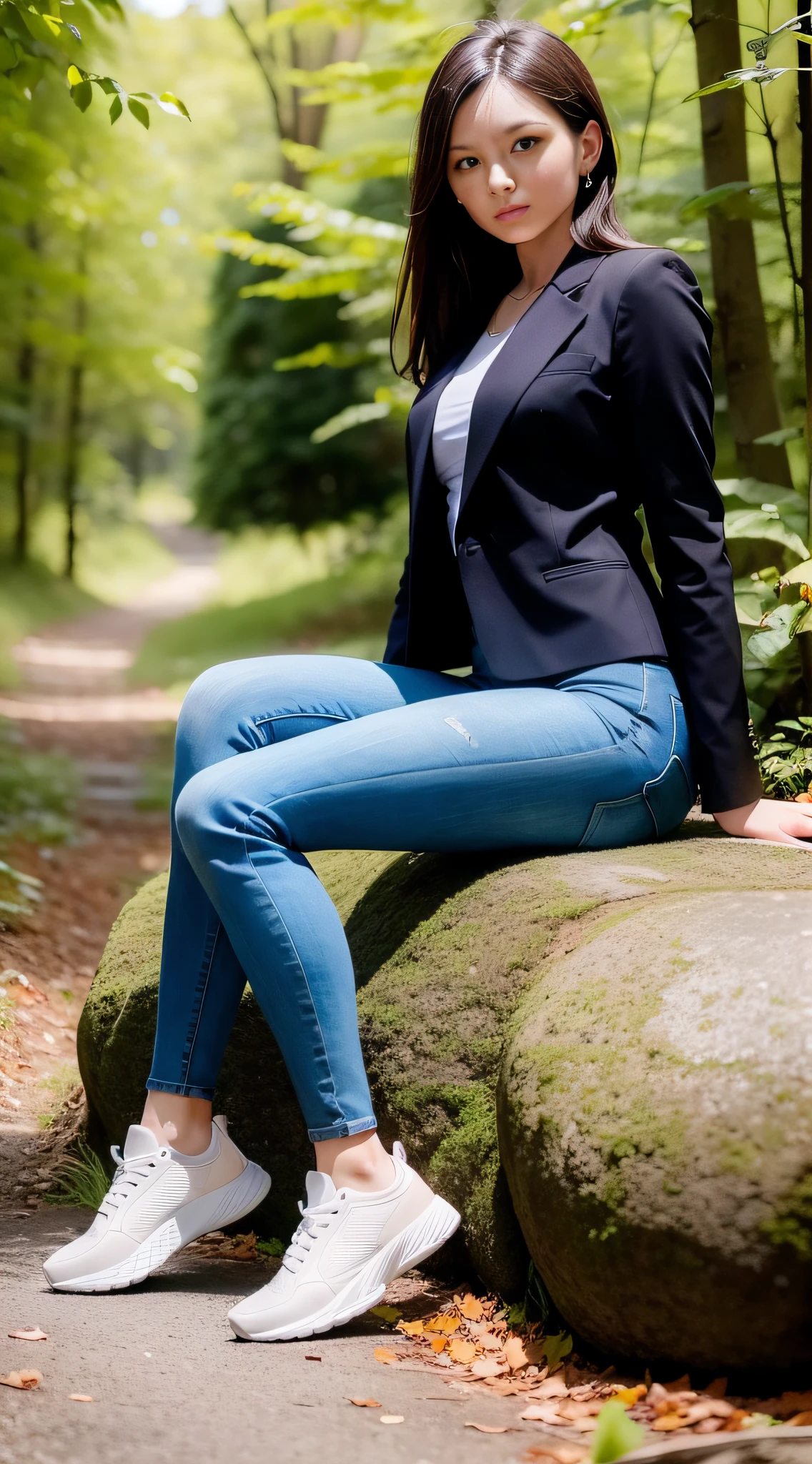 A beautiful woman in a suit, skinny jeans, sneakers sitting on a stone in the woods