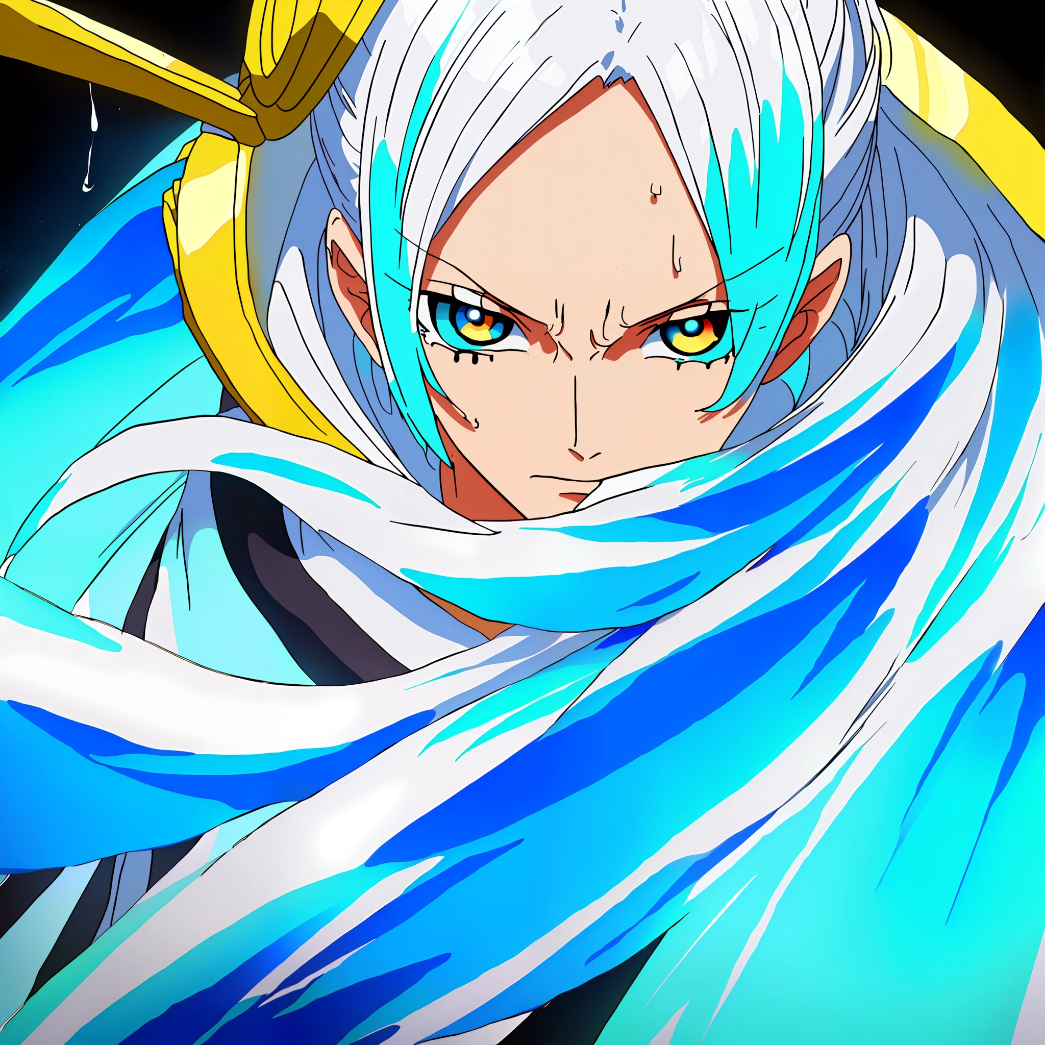 A ager, oil, heavy strokes, ink drips, complementary colors, multicolor cyan white hair, cyan bright eyes, flashy eyes, indifferent prince features, Wears luxurious black tunic with high white and gold details,